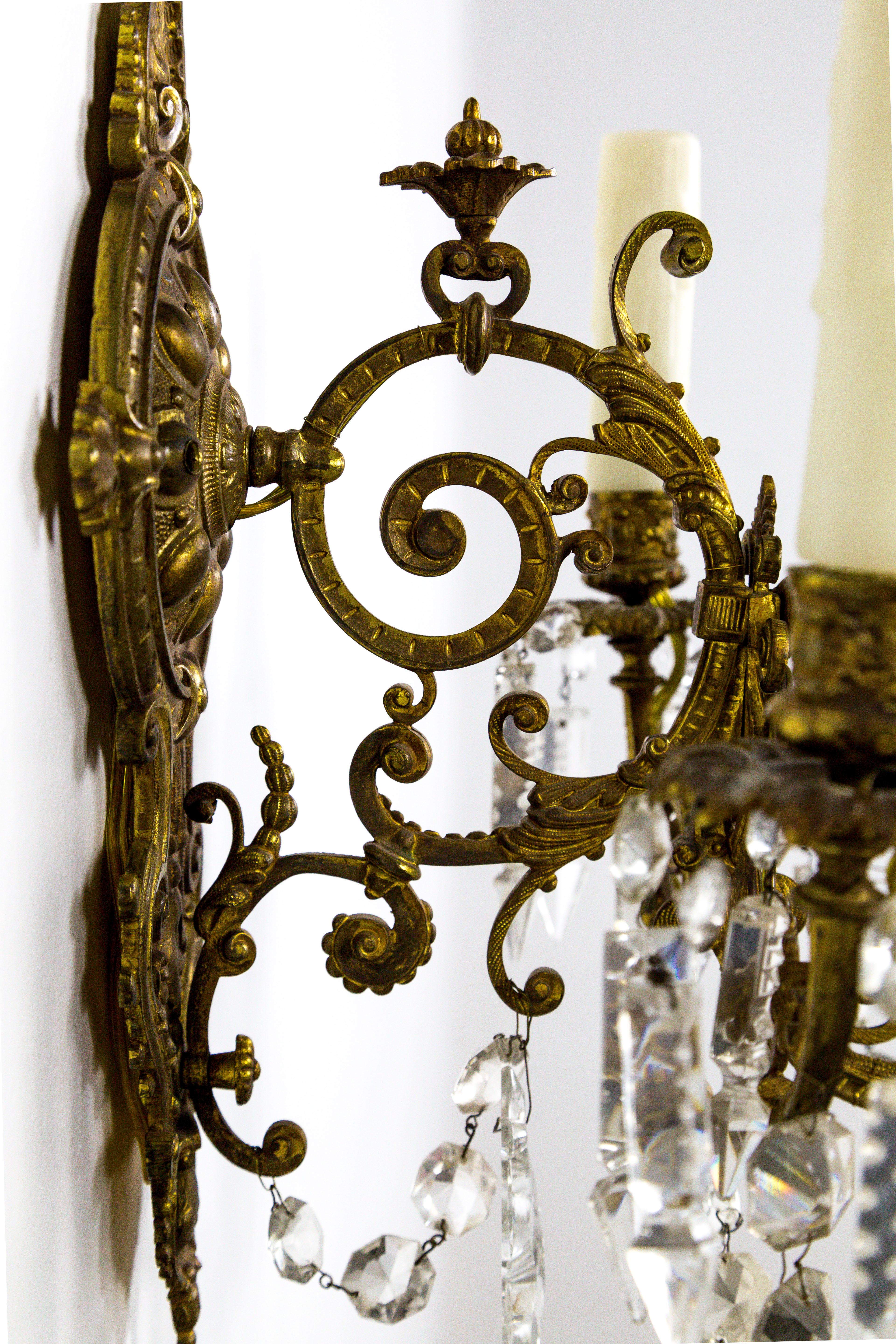 Pair of Detailed Brass & Crystal Belle Epoque Sconces For Sale 3