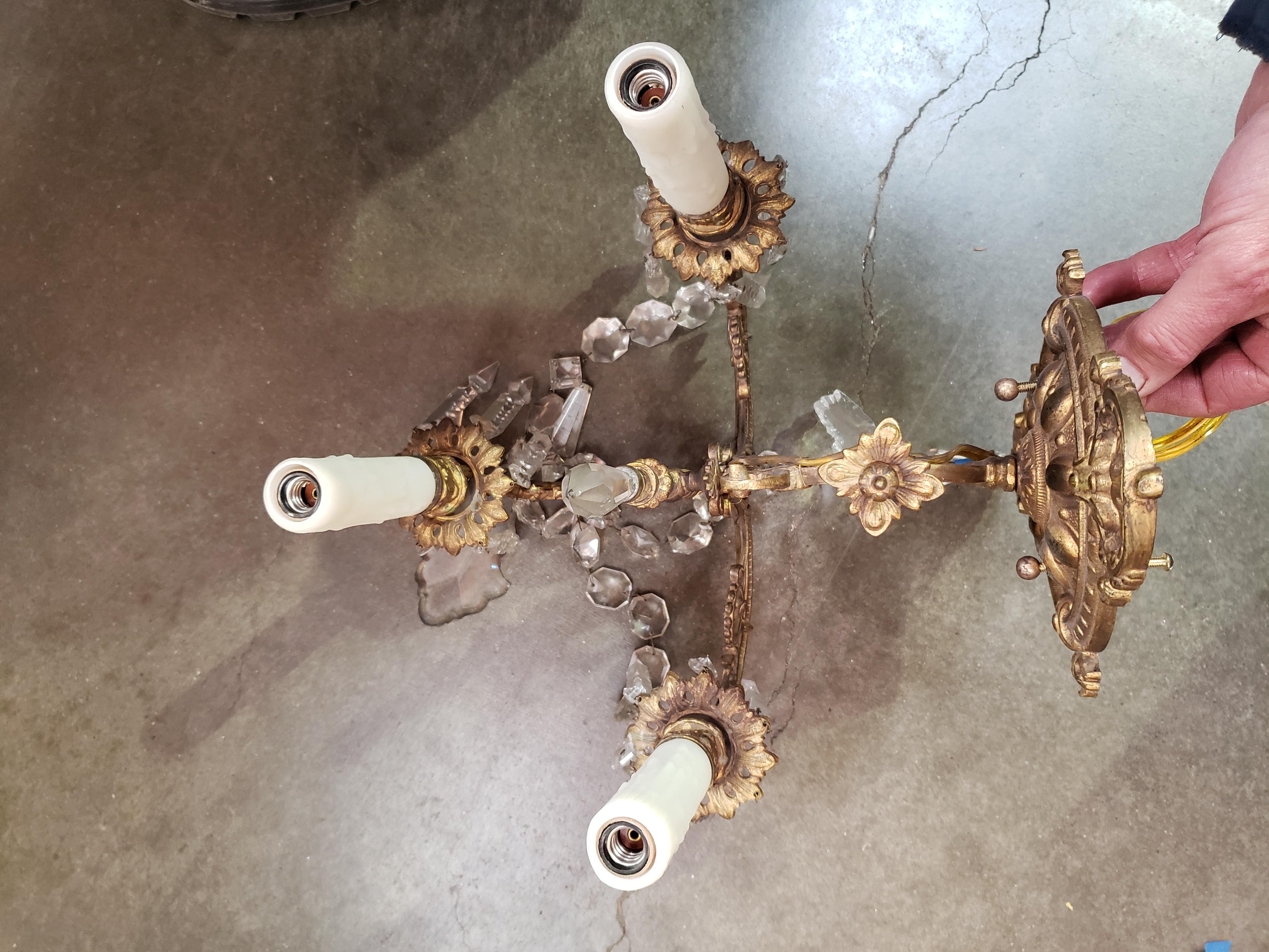 Pair of Detailed Brass & Crystal Belle Epoque Sconces For Sale 4