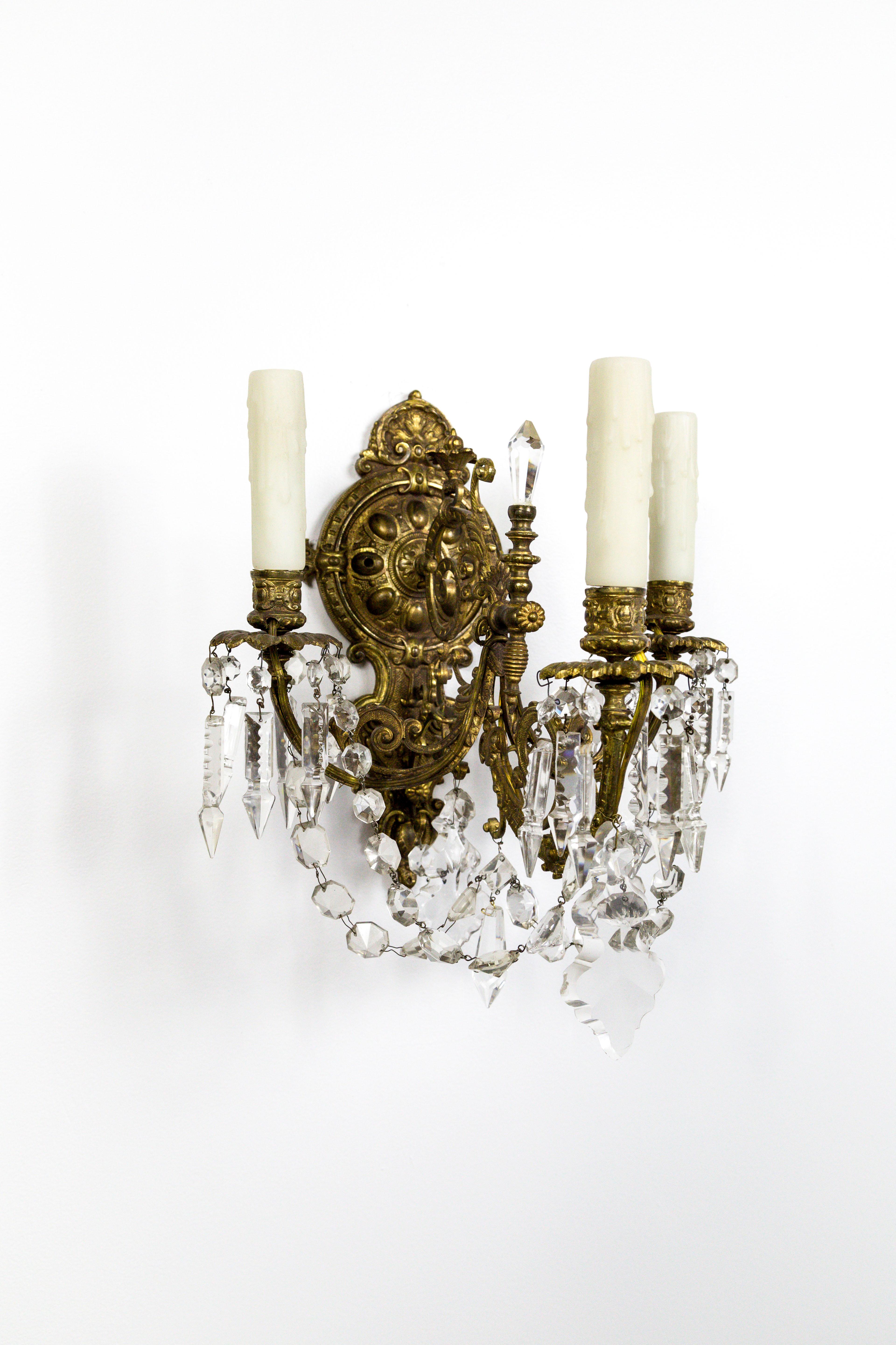 Pair of Detailed Brass & Crystal Belle Epoque Sconces For Sale 5