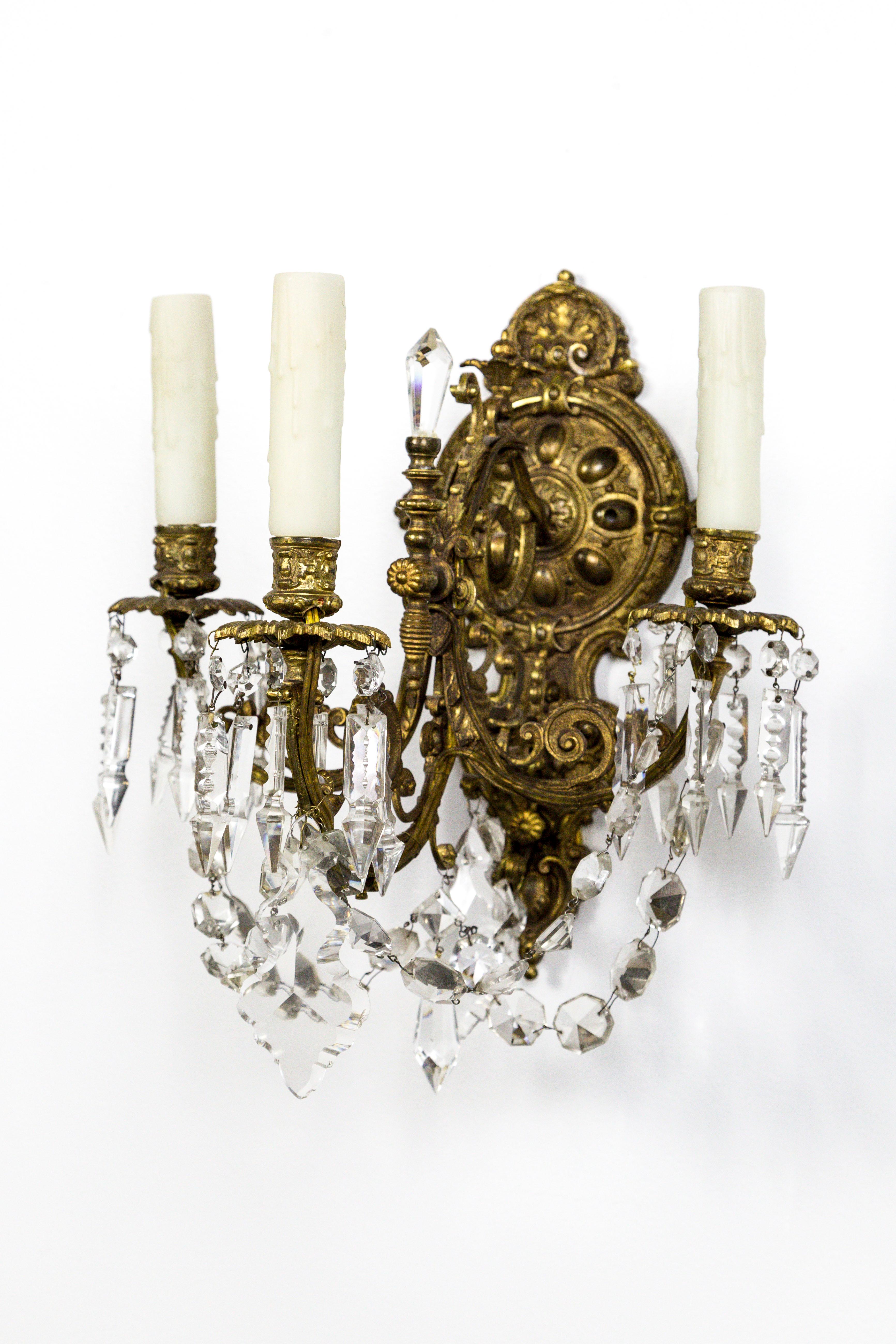 Pair of Detailed Brass & Crystal Belle Epoque Sconces For Sale 6