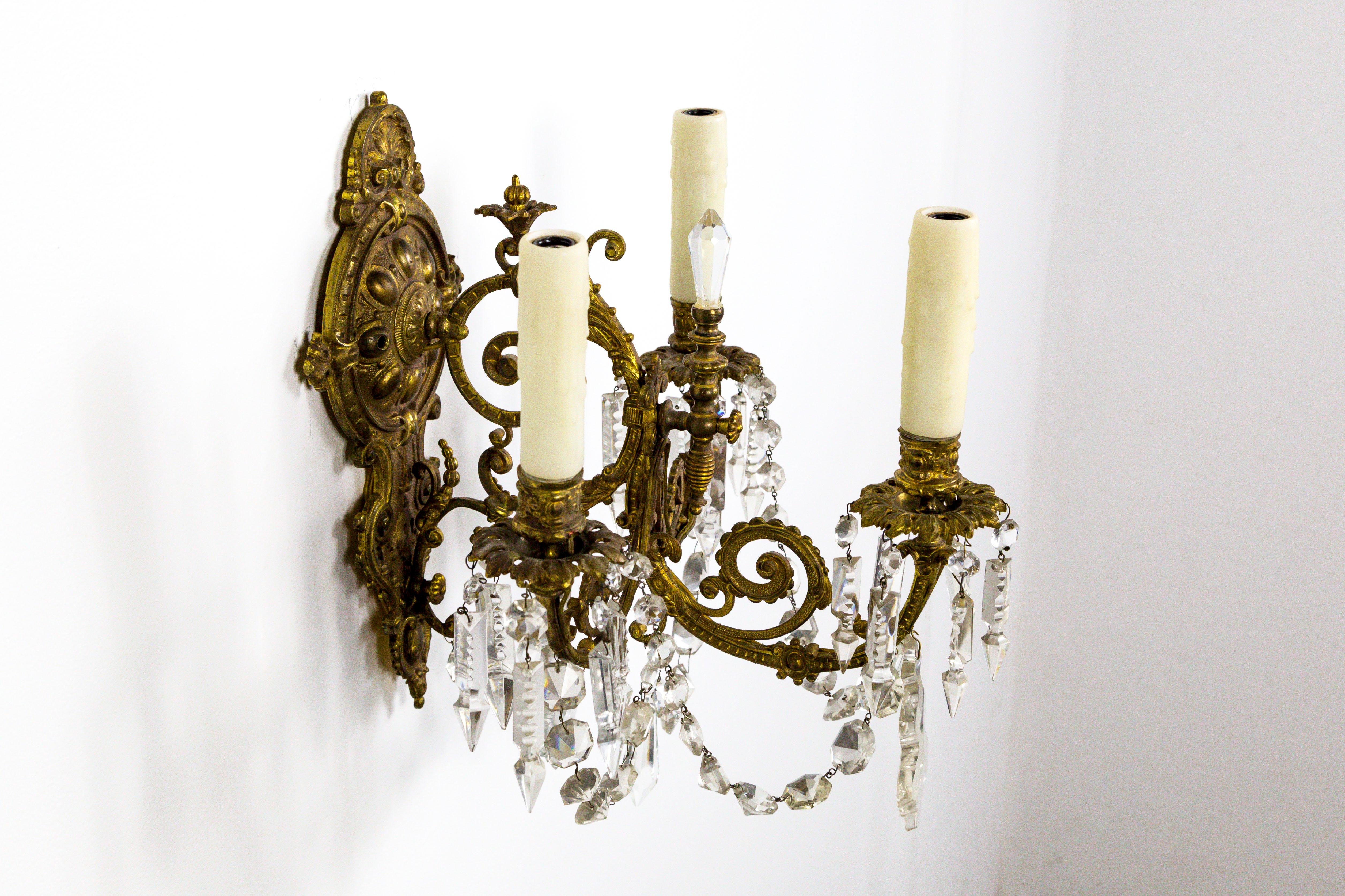 French Pair of Detailed Brass & Crystal Belle Epoque Sconces For Sale