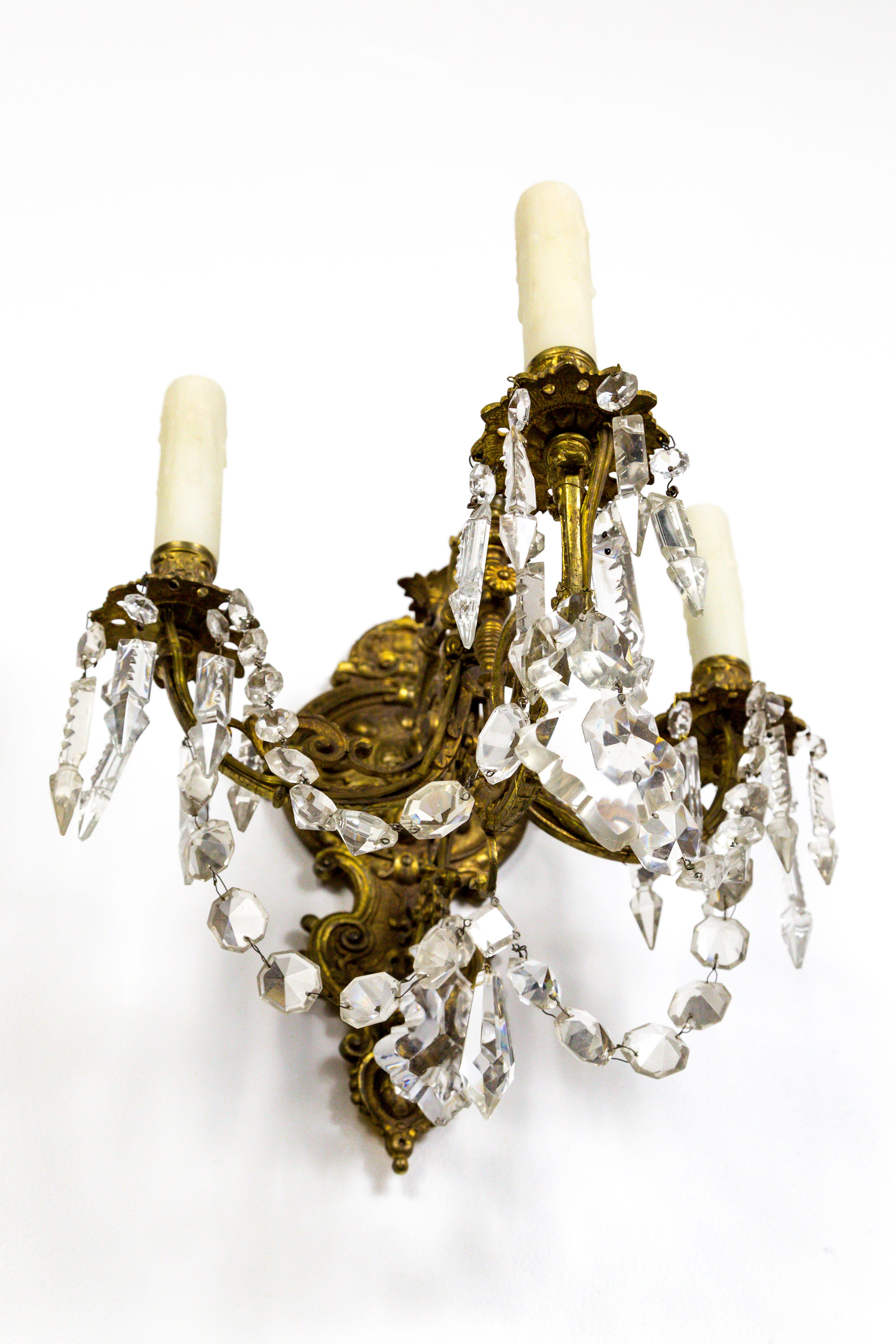 Pair of Detailed Brass & Crystal Belle Epoque Sconces In Good Condition For Sale In San Francisco, CA