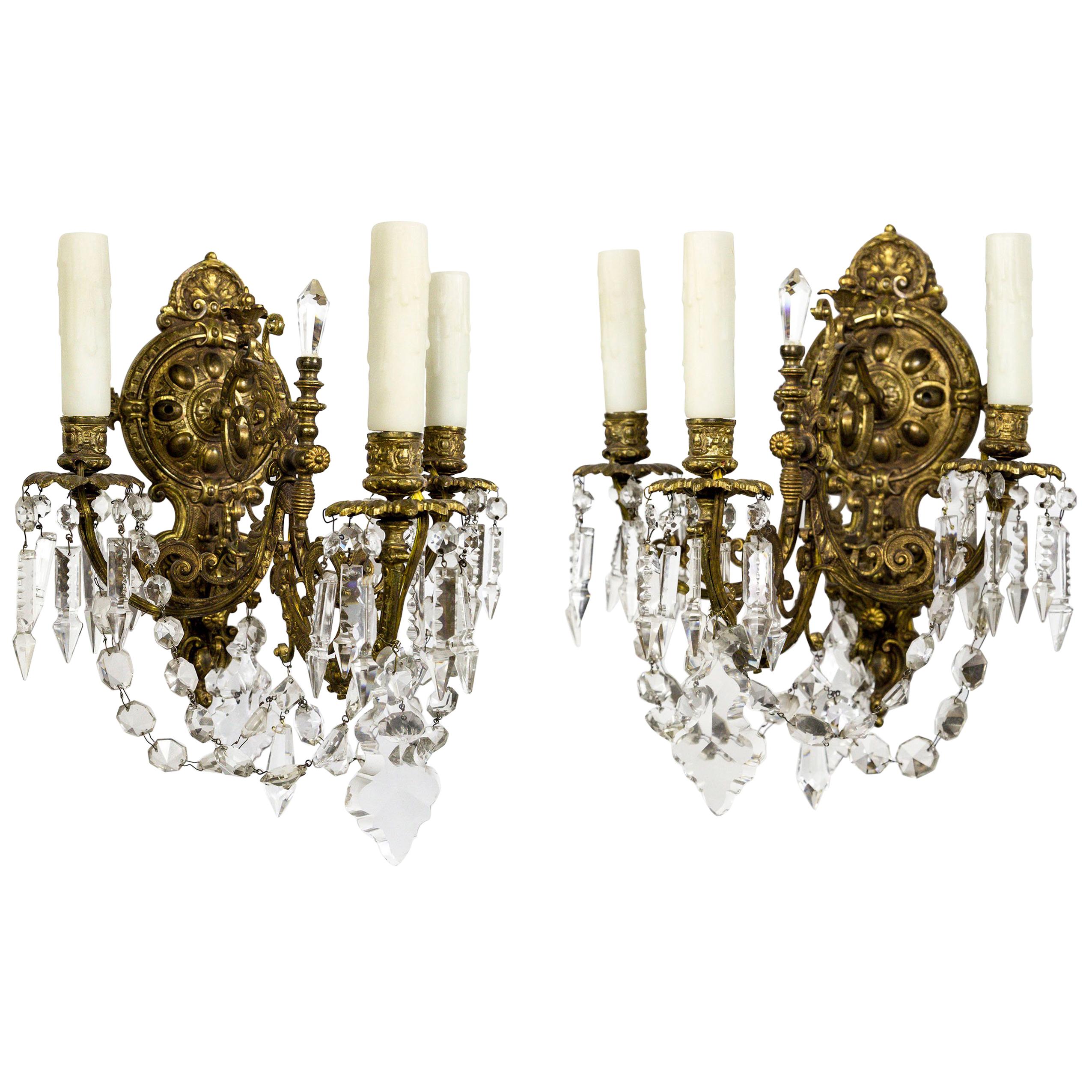 Pair of Detailed Brass & Crystal Belle Epoque Sconces For Sale