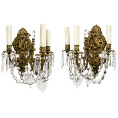 Pair of Detailed Brass & Crystal Belle Epoque Sconces