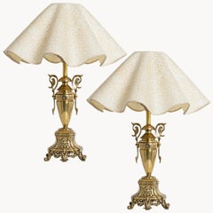 Pair of Highly Detailed Table Lamps with Brass Base and Wavy Ecru Lampshade, '55