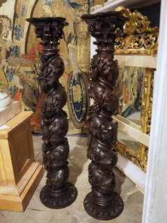 Pair of Highly Sculpted Portuguese Chestnut Solomonic Columns, Circa 1700