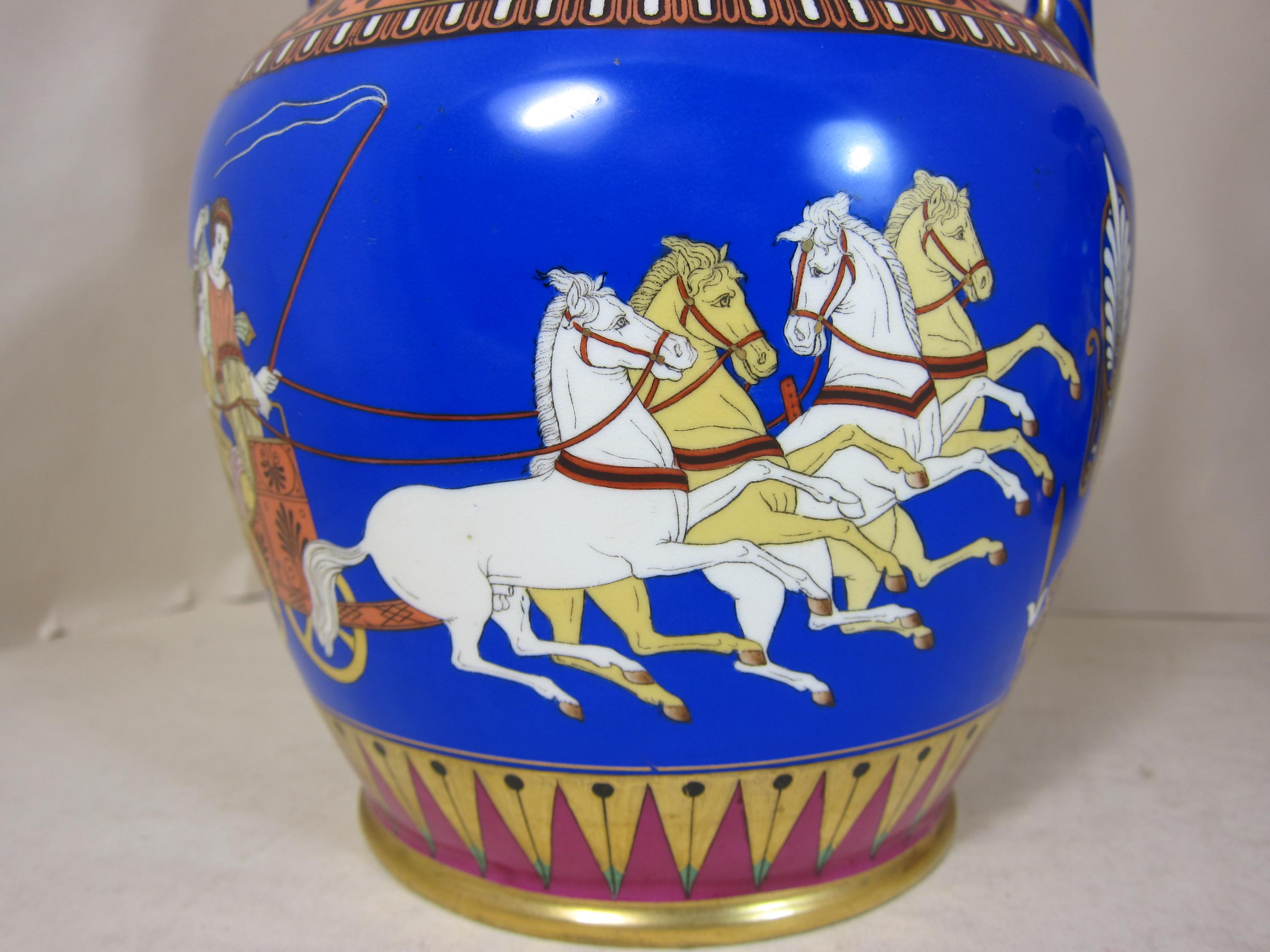 English Pair of Hill Pottery & Co. Portland Vases Decorated with Racing Chariots For Sale