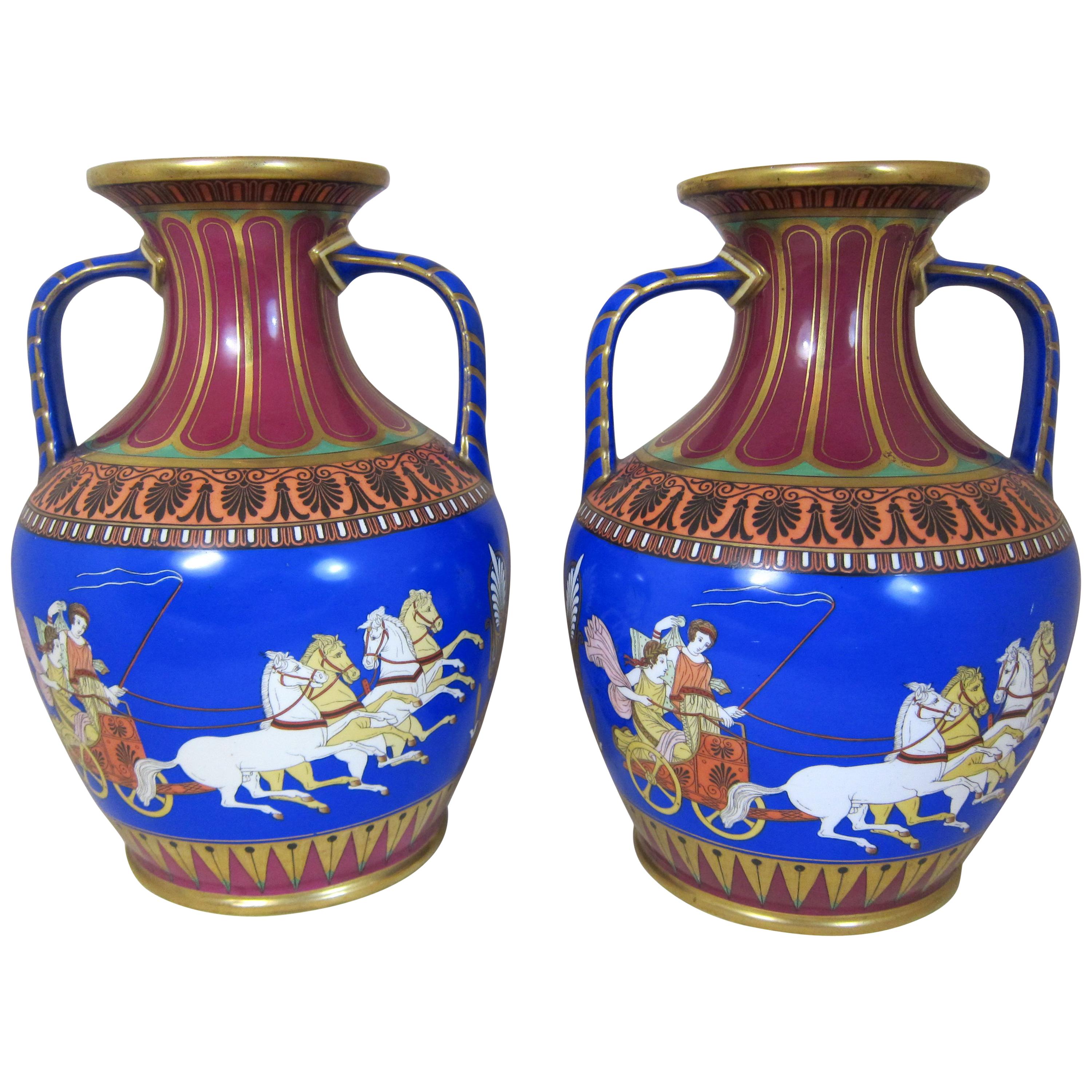Pair of Hill Pottery & Co. Portland Vases Decorated with Racing Chariots For Sale