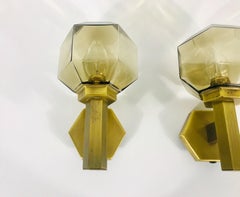 Pair of Hillebrand Brass and Amber Glass Wall Lamps, Germany, 1960s
