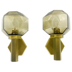 Pair of Hillebrand Brass and Amber Glass Wall Lamps, Germany, 1960s