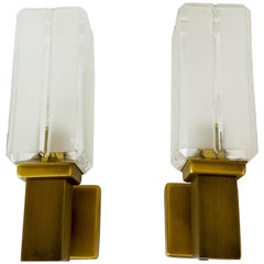 Pair of Hillebrand Brass and Amber Glass Wall Lamps, Germany, 1960s
