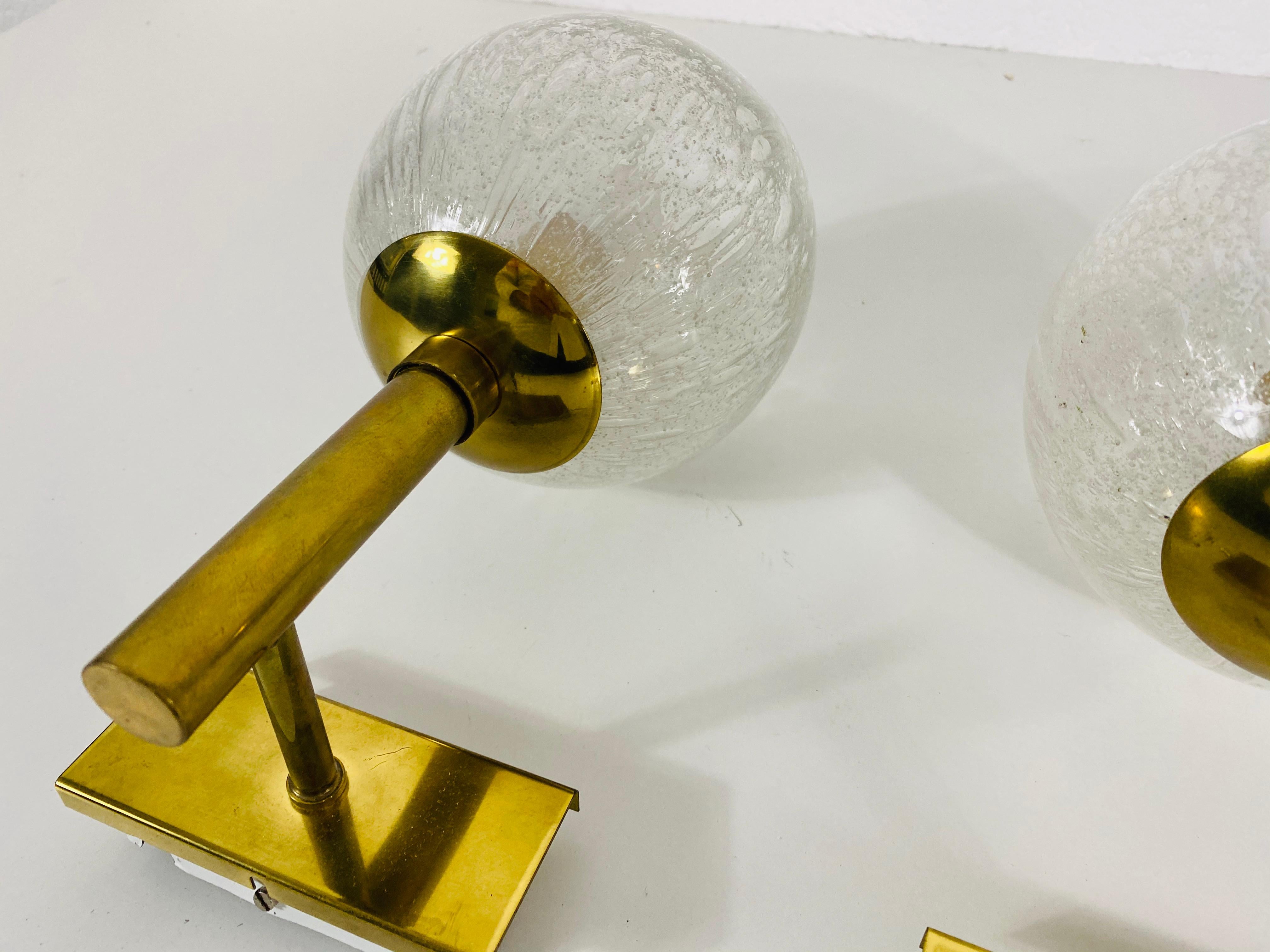 Pair of Hillebrand Brass and Glass Wall Lamps, Germany, 1960s In Good Condition For Sale In Hagenbach, DE