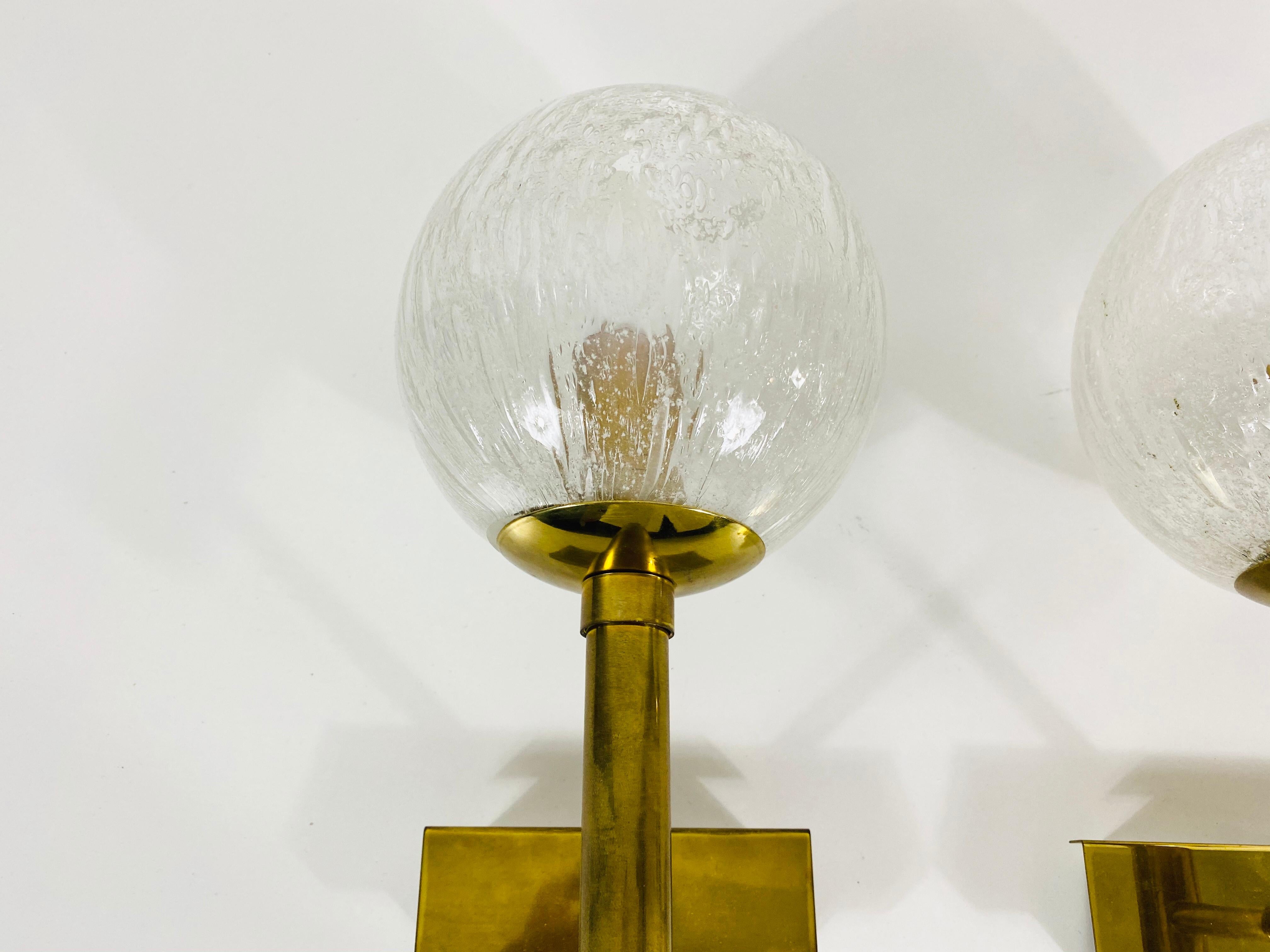 Mid-20th Century Pair of Hillebrand Brass and Glass Wall Lamps, Germany, 1960s For Sale