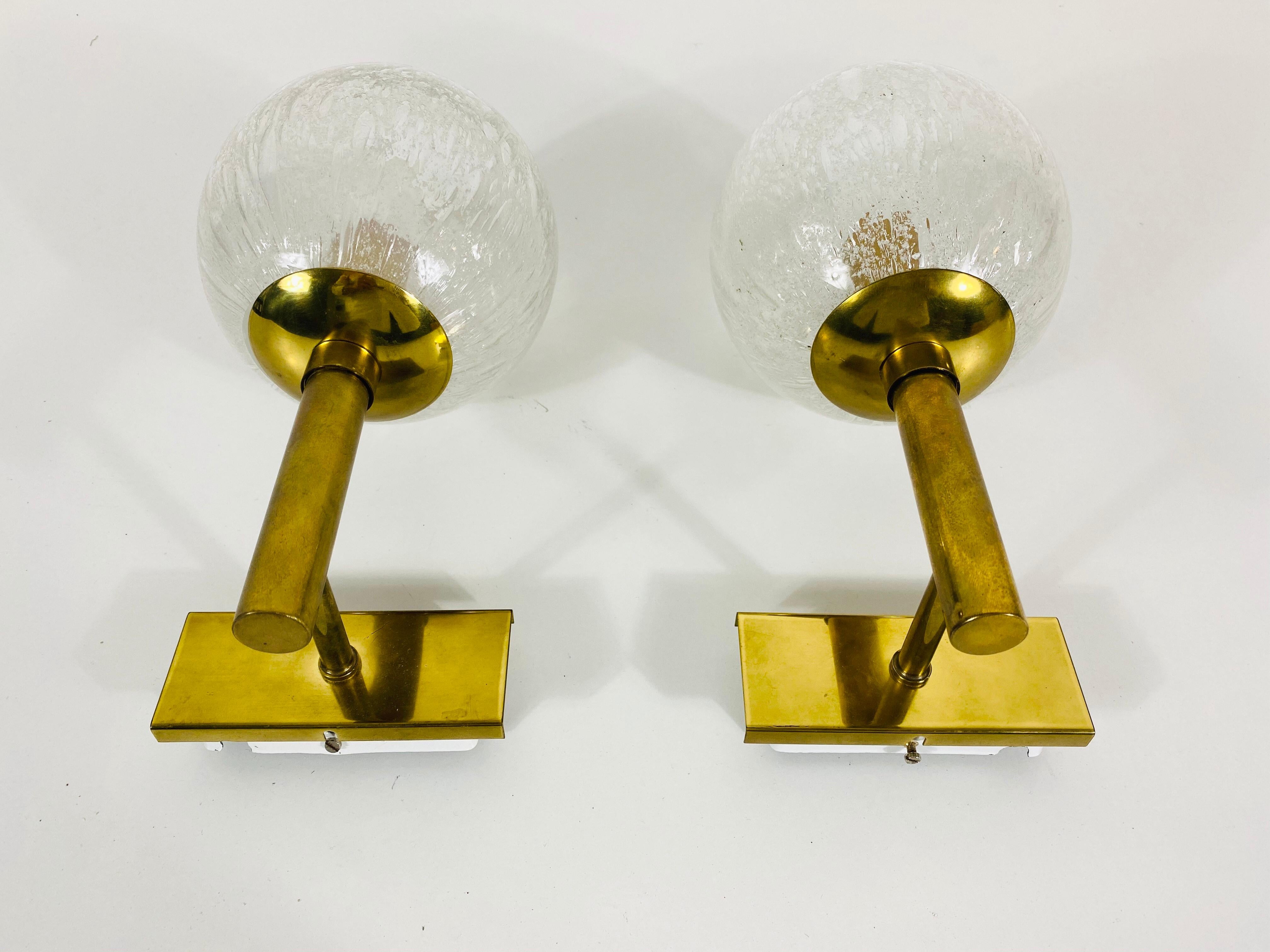 Pair of Hillebrand Brass and Glass Wall Lamps, Germany, 1960s For Sale 1