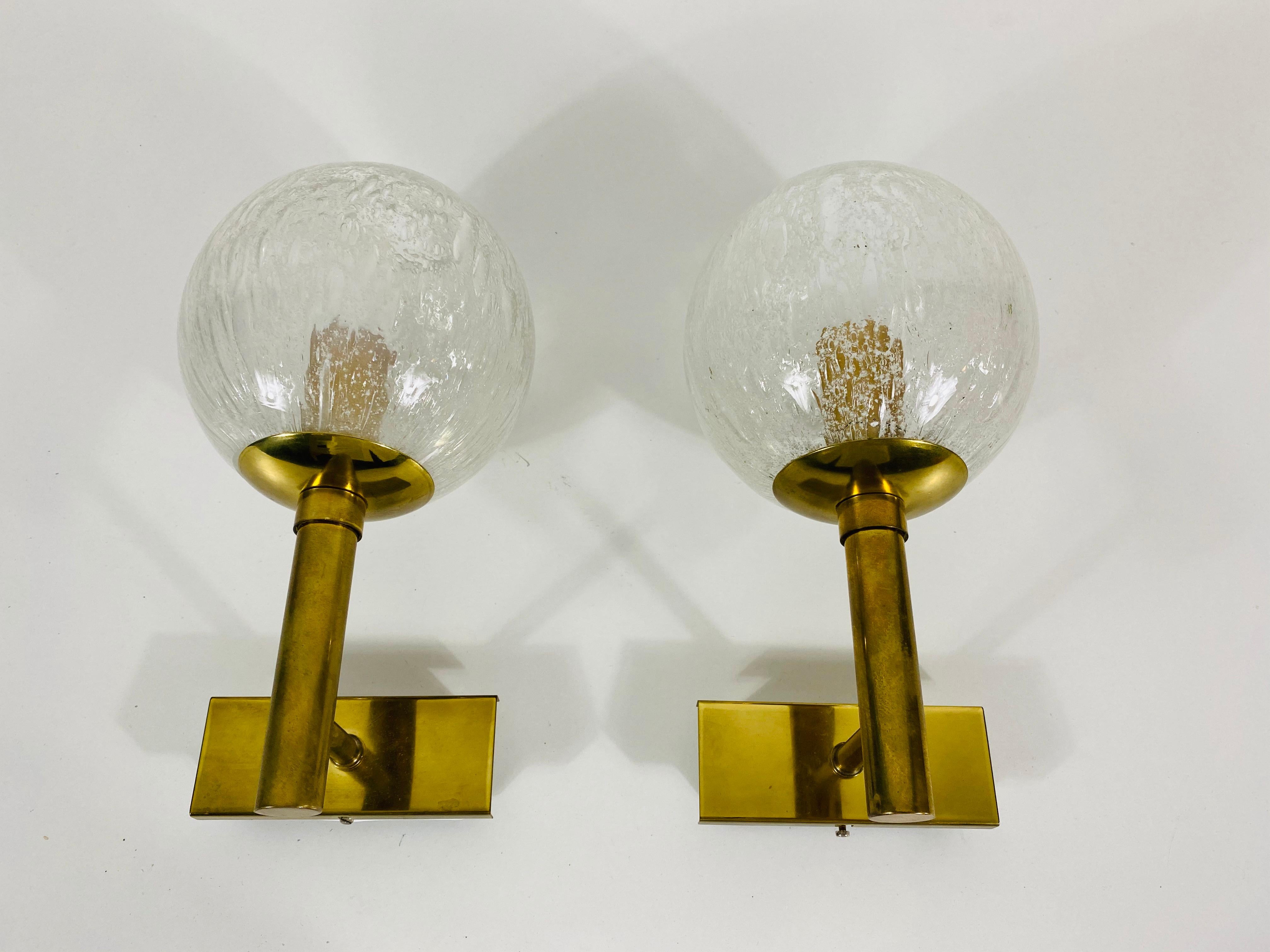 Pair of Hillebrand Brass and Glass Wall Lamps, Germany, 1960s For Sale 2