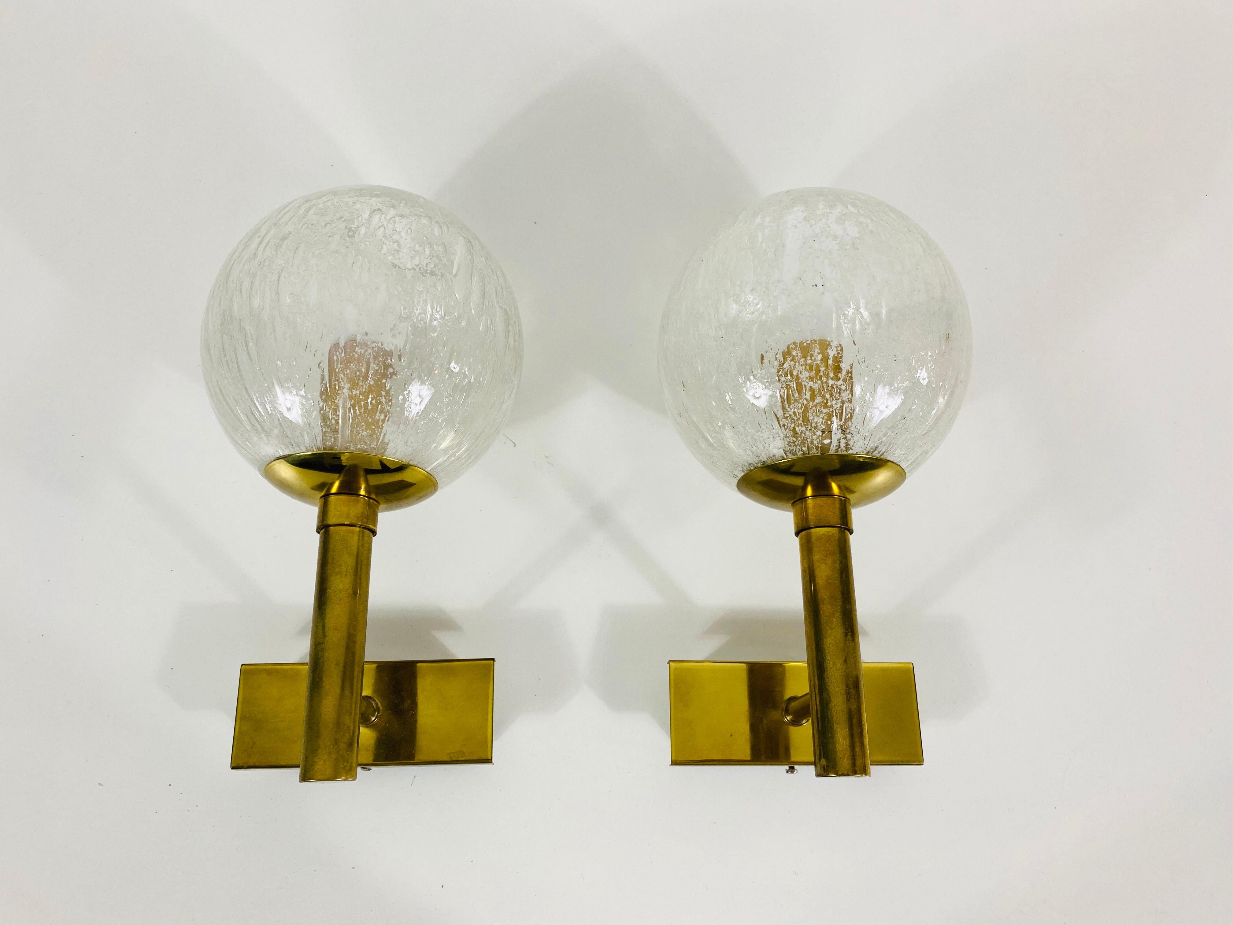Pair of Hillebrand Brass and Glass Wall Lamps, Germany, 1960s For Sale 3