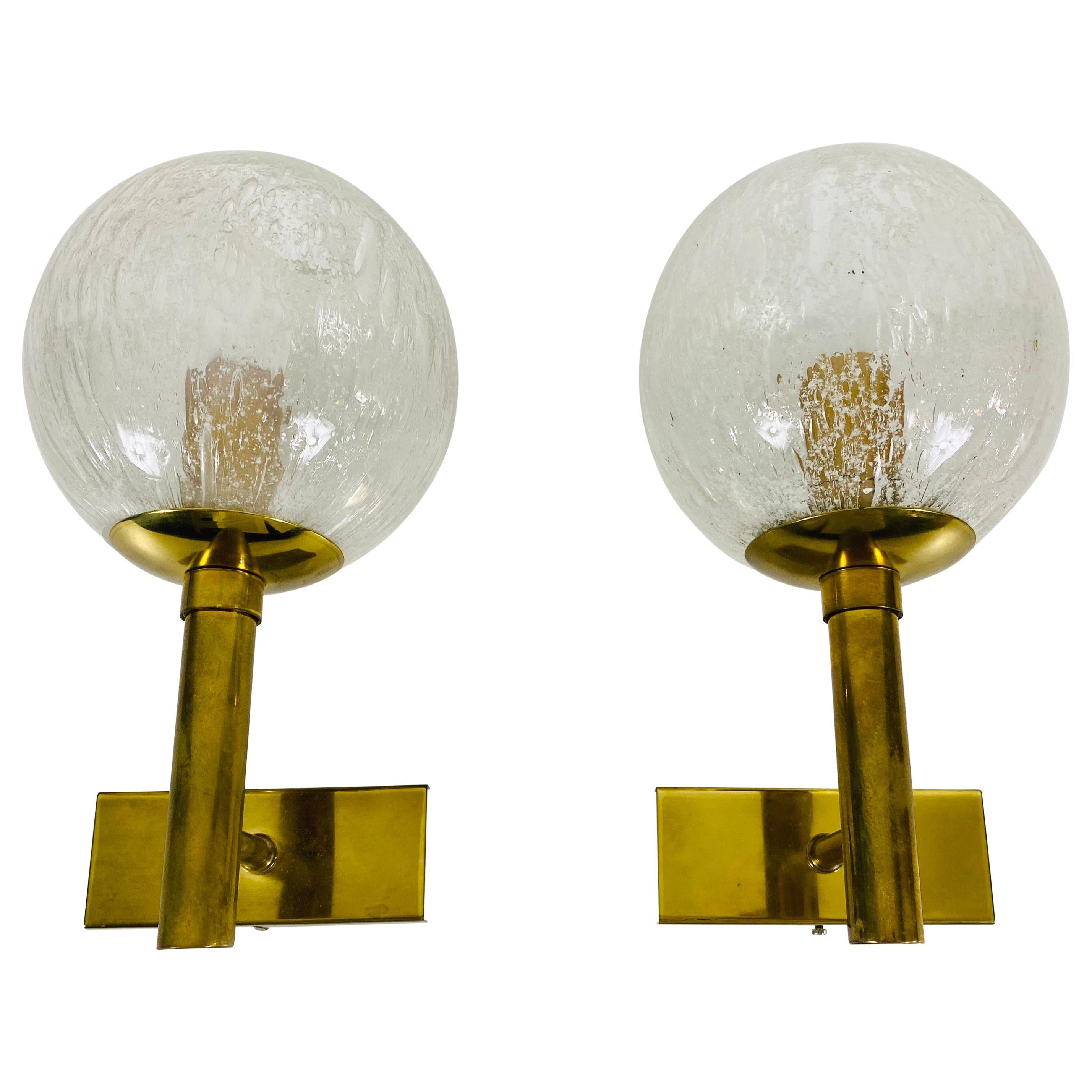 Pair of Hillebrand Brass and Glass Wall Lamps, Germany, 1960s For Sale