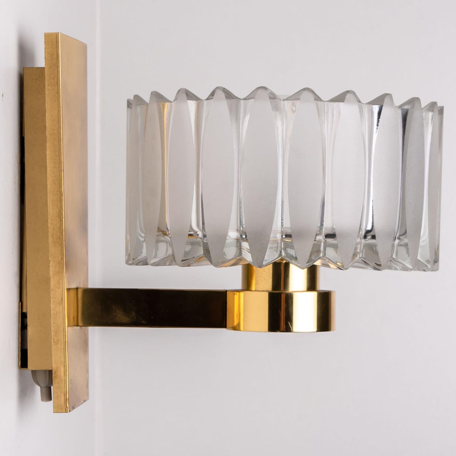 German Pair of Hillebrand Brass and Glass Wall Light Fixtures, 1970s For Sale