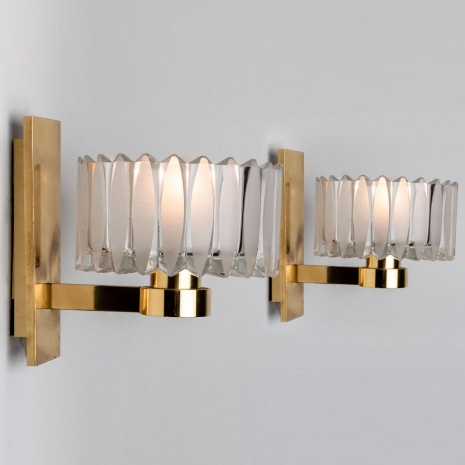 20th Century Pair of Hillebrand Brass and Glass Wall Light Fixtures, 1970s For Sale