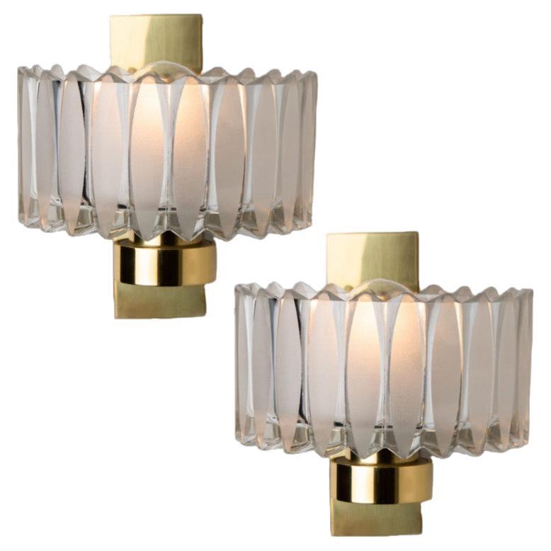 Pair of Hillebrand Brass and Glass Wall Light Fixtures, 1970s For Sale
