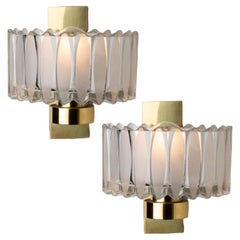 Retro Pair of Hillebrand Brass and Glass Wall Light Fixtures, 1970s
