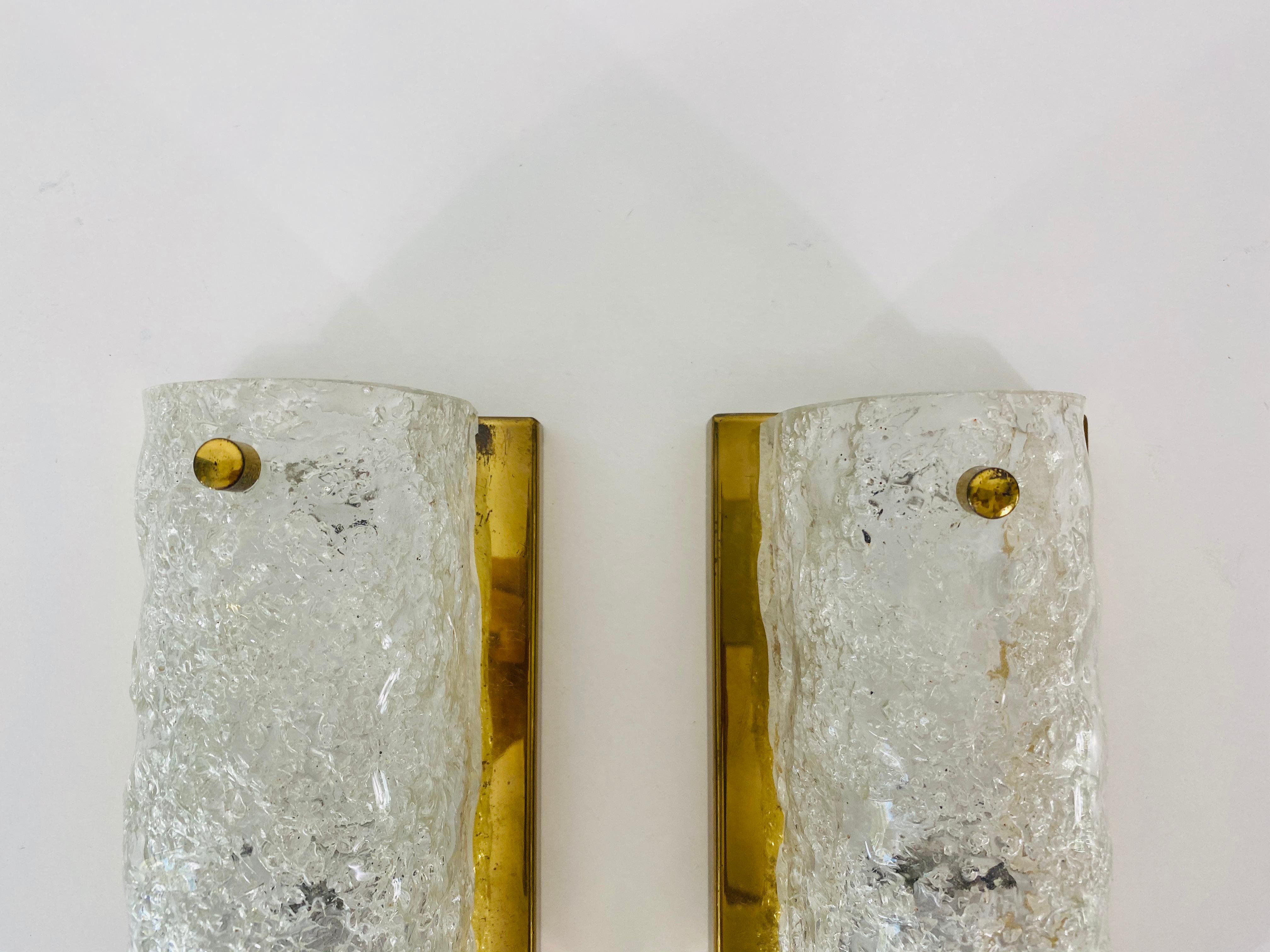 Pair of Hillebrand Brass and Ice Glass Wall Lamps, Germany, 1960s For Sale 1