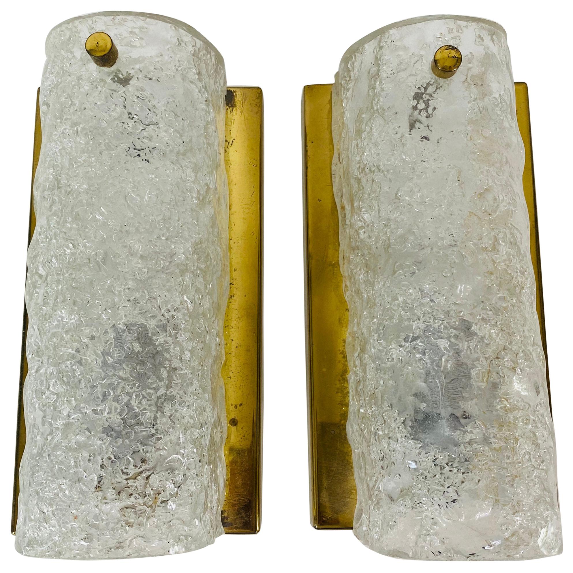 Pair of Hillebrand Brass and Ice Glass Wall Lamps, Germany, 1960s