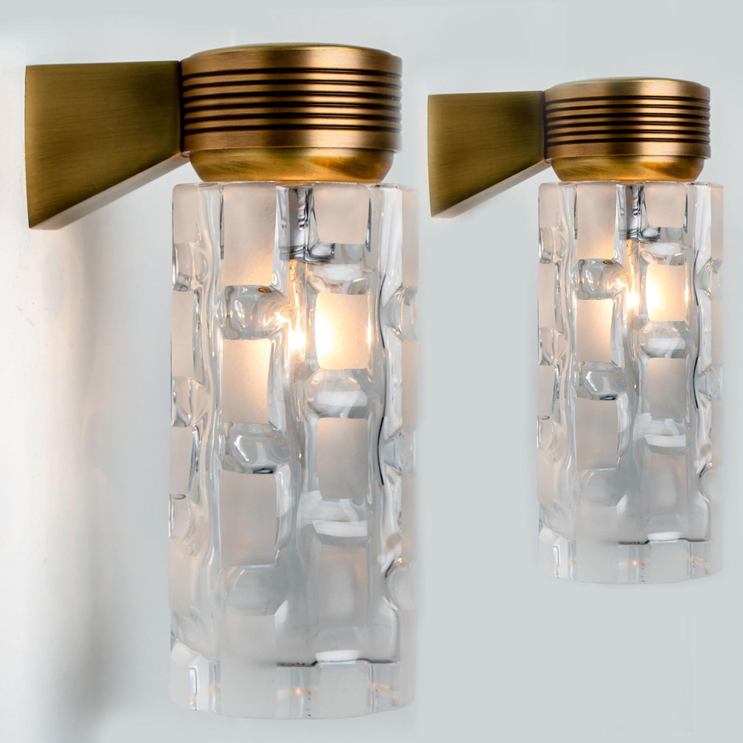 Pair Of Hillebrand Clear and Opaque Glass Wall Light Fixtures, 1970s For Sale 2