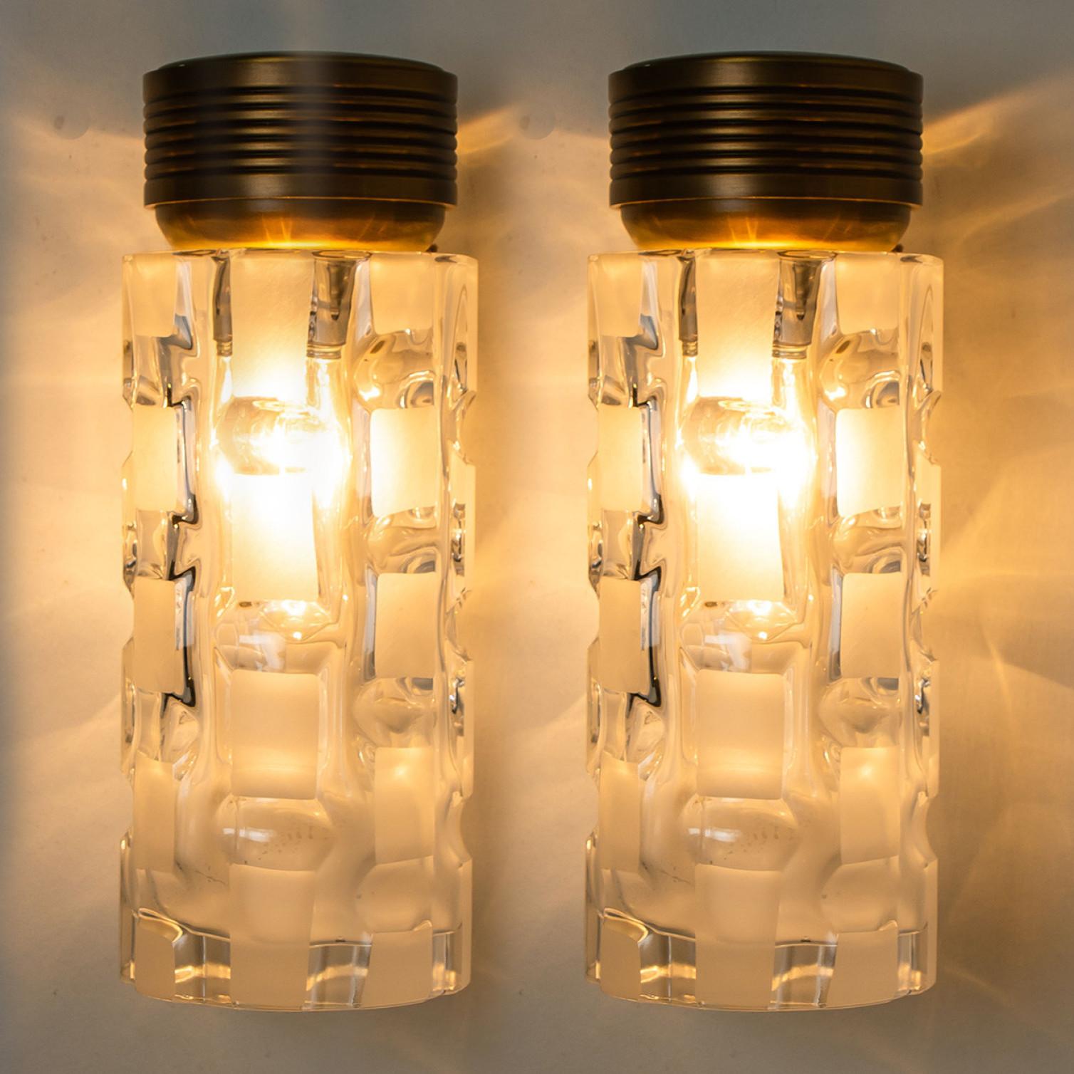 Pair Of Hillebrand Clear and Opaque Glass Wall Light Fixtures, 1970s For Sale 6