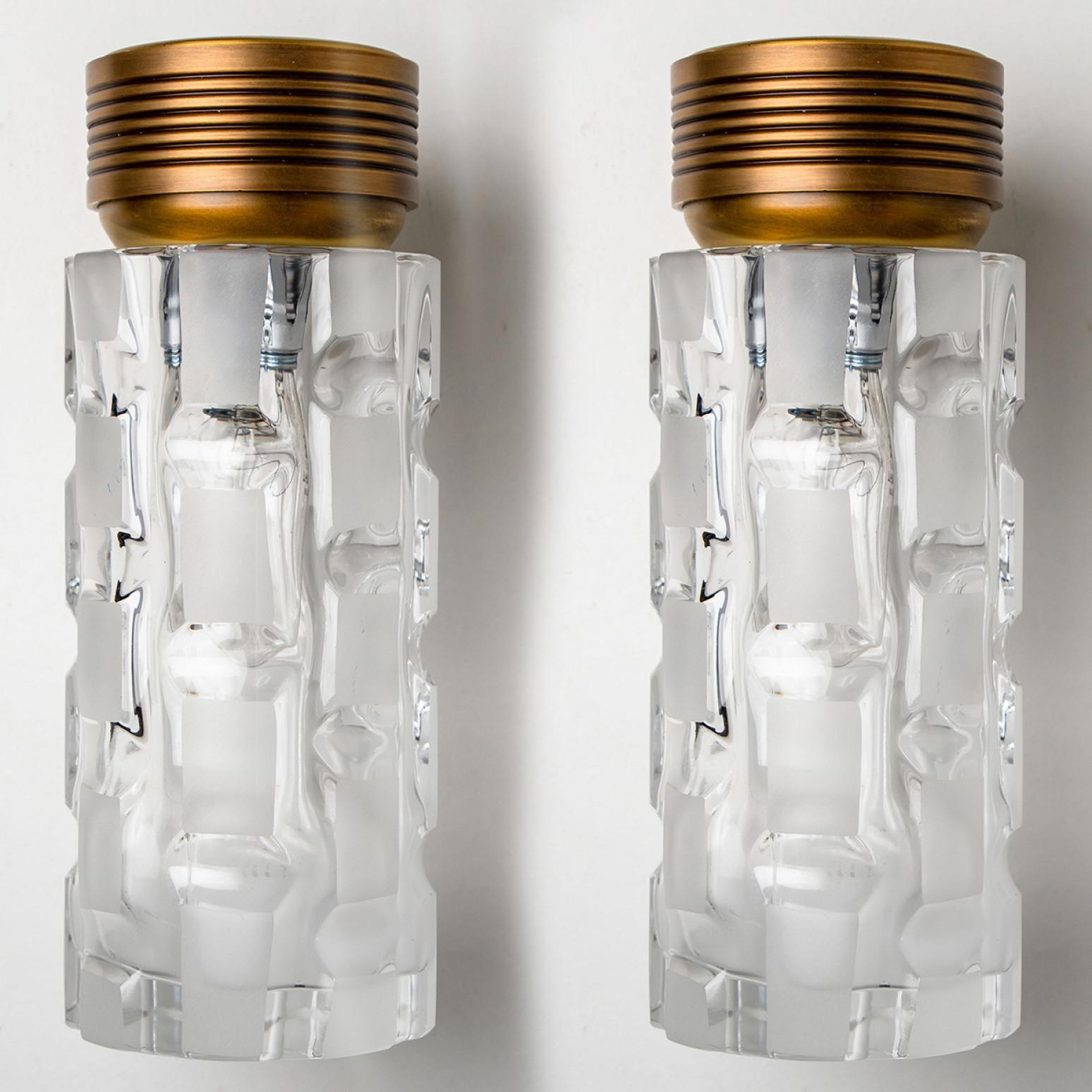 Mid-Century Modern Pair Of Hillebrand Clear and Opaque Glass Wall Light Fixtures, 1970s For Sale