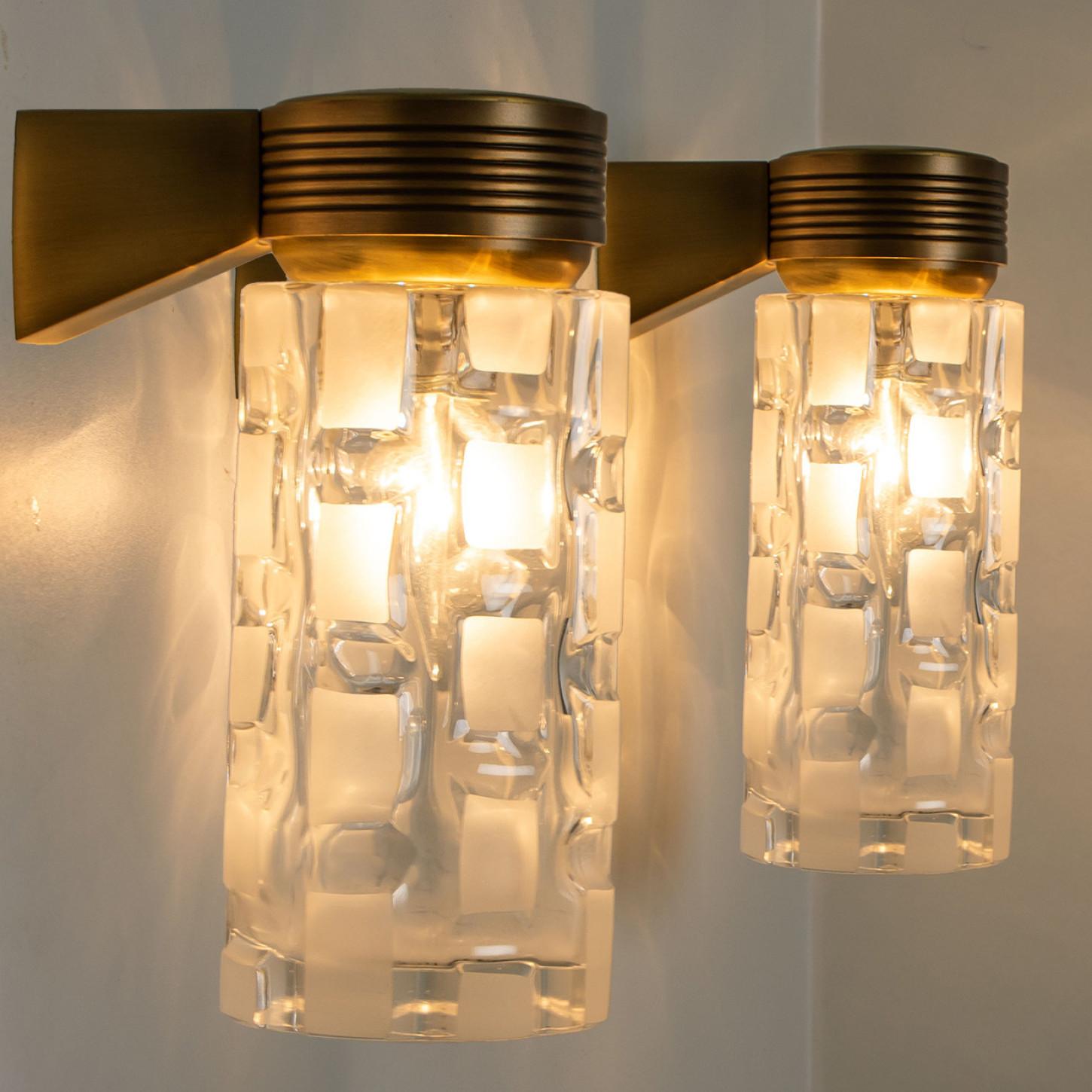 Brass Pair Of Hillebrand Clear and Opaque Glass Wall Light Fixtures, 1970s For Sale