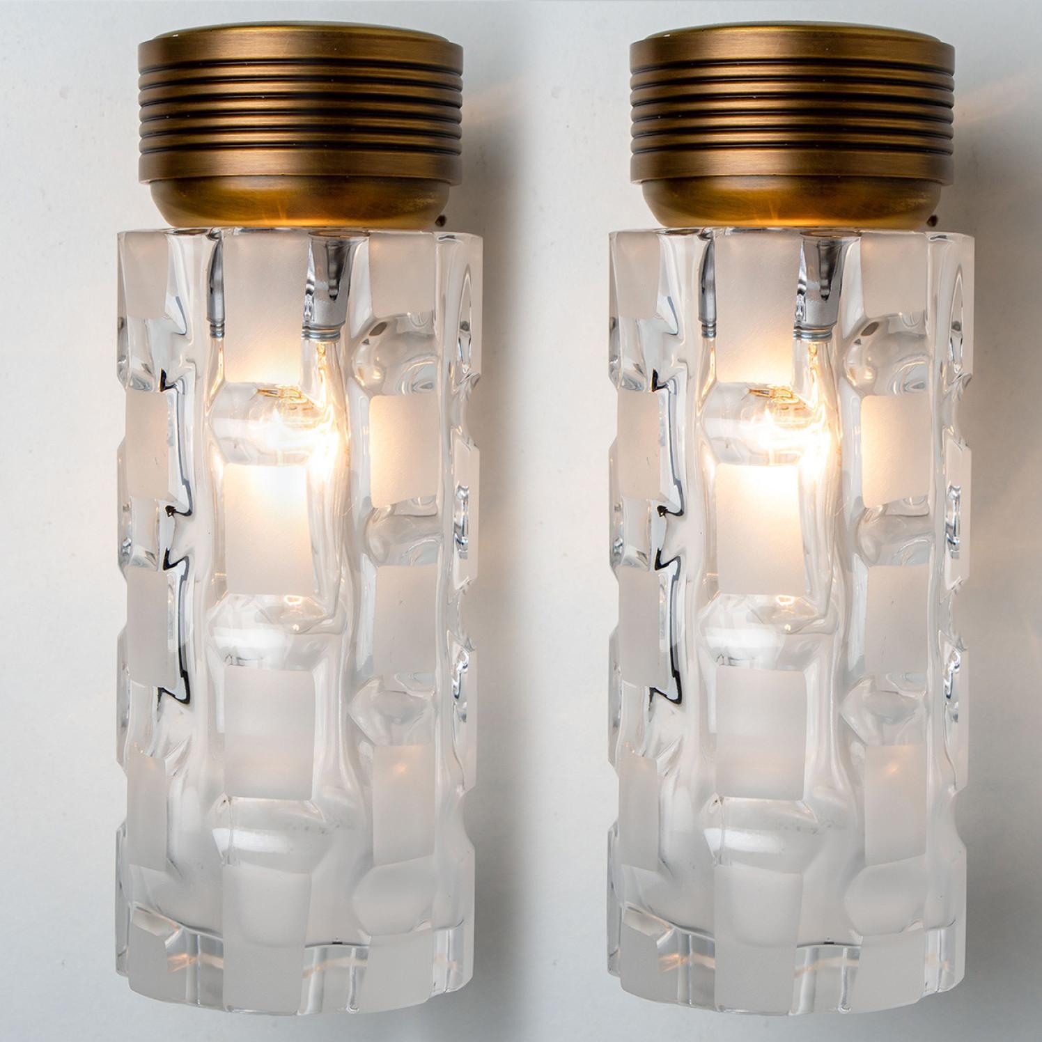 Pair Of Hillebrand Clear and Opaque Glass Wall Light Fixtures, 1970s For Sale 1