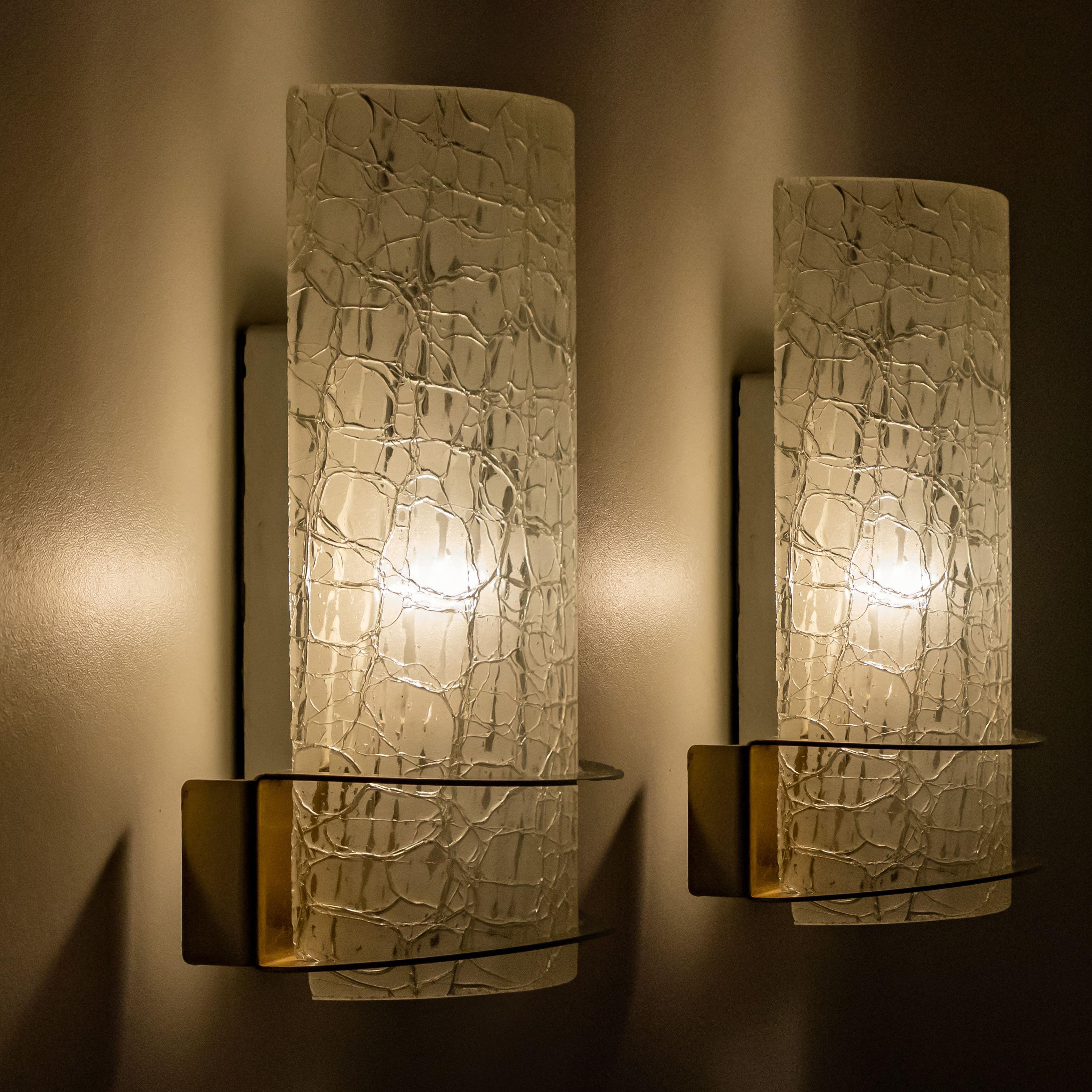 Mid-Century Modern Pair of Hillebrand Massive Crackle Glass Wall Light Fixtures, 1960 For Sale