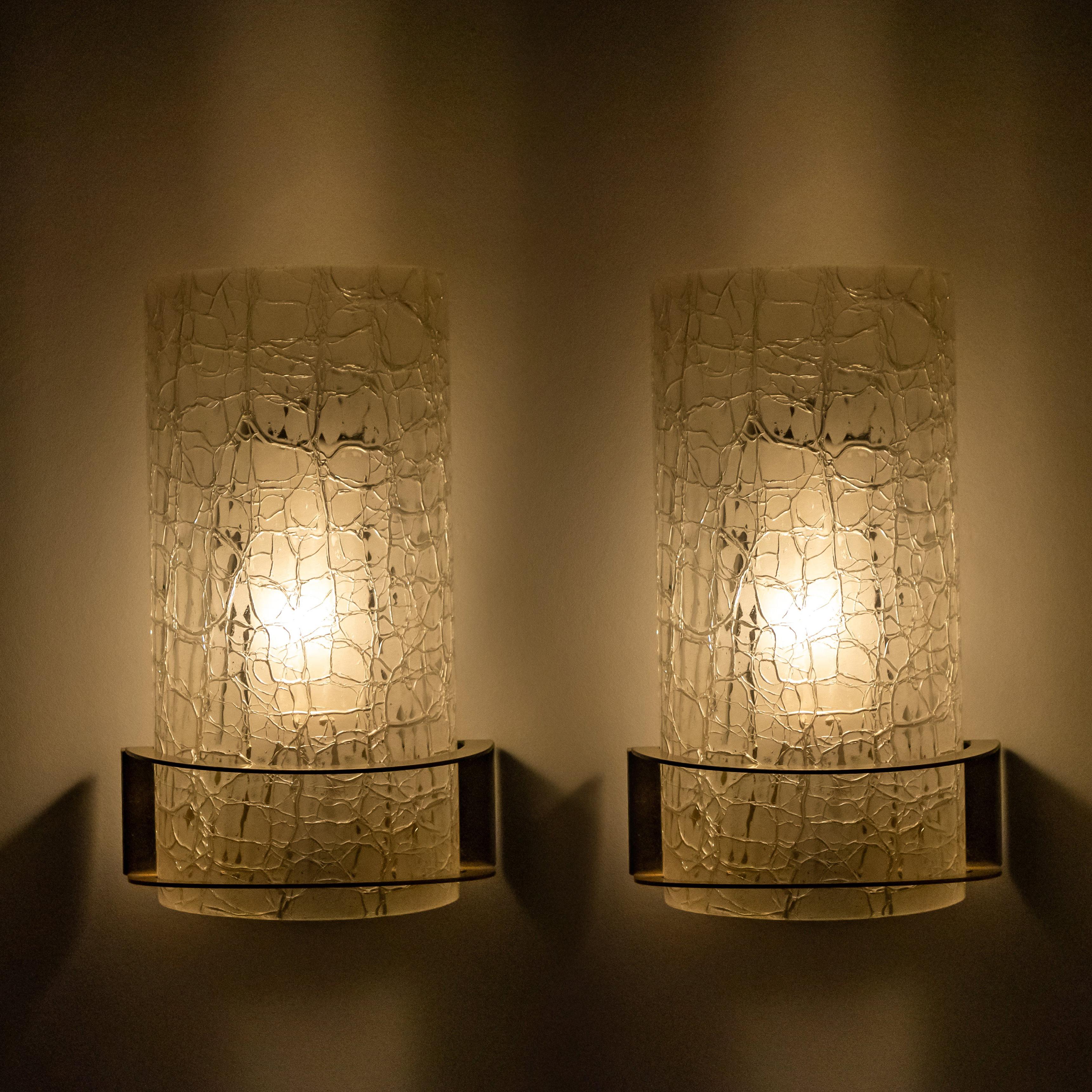 European Pair of Hillebrand Massive Crackle Glass Wall Light Fixtures, 1960 For Sale