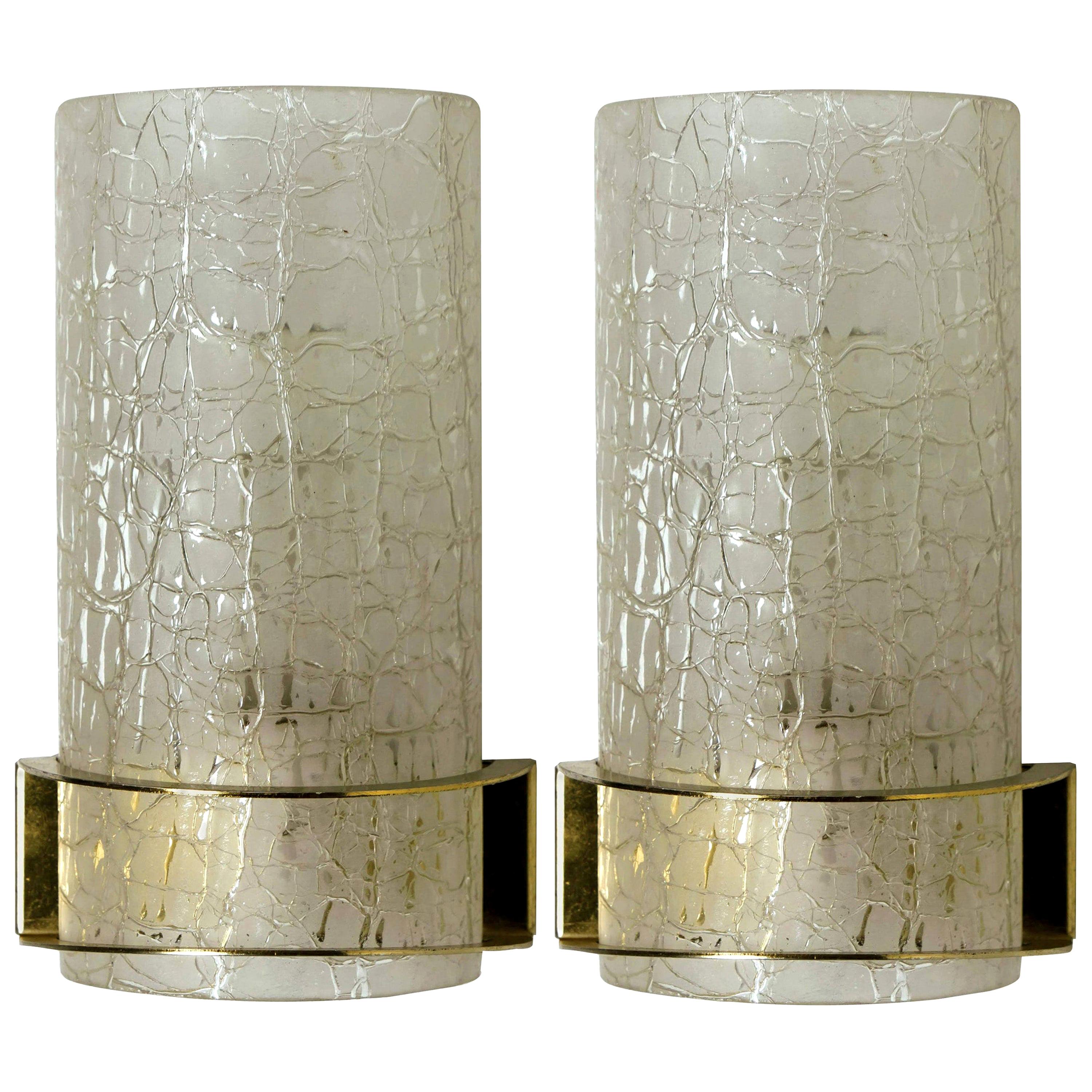 Pair of Hillebrand Massive Crackle Glass Wall Light Fixtures, 1960 For Sale