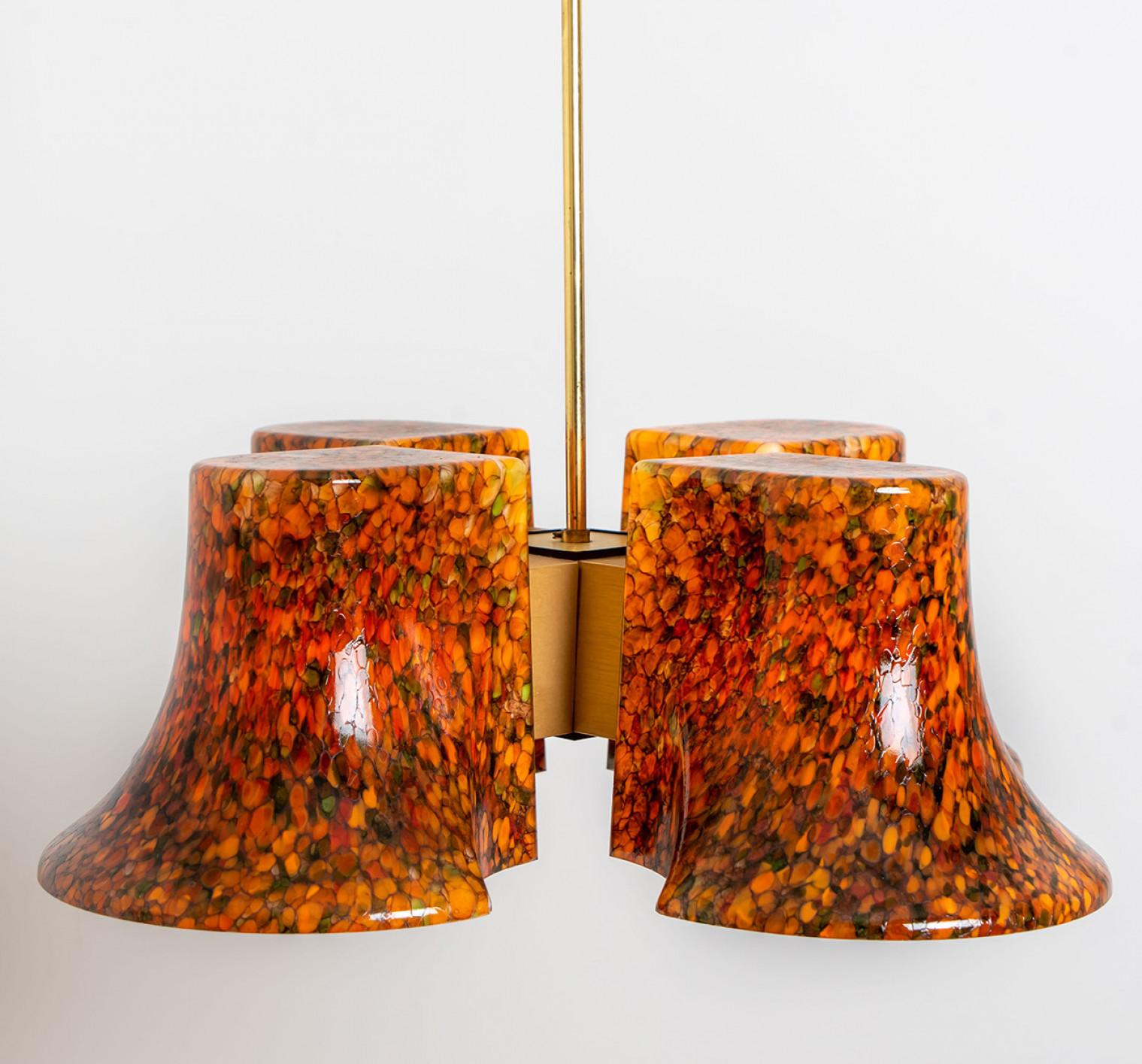 Brass Pair of Hillebrand Orange Gold 'Confetti' Murano Glass Pendant, 1970s For Sale