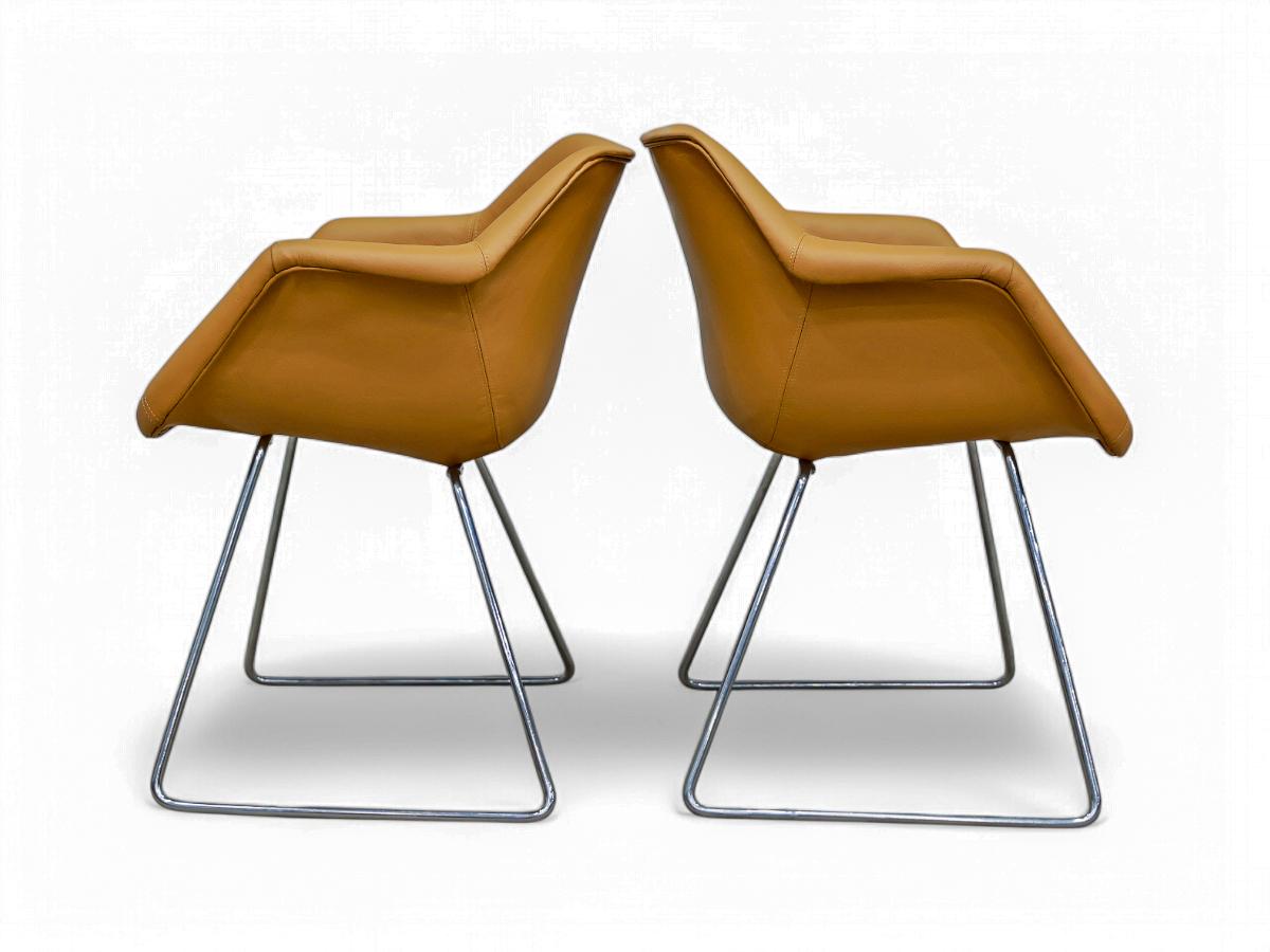 Brazilian Pair of “Hillie” armchairs in Leather & Metal by Robin Day for L’Atelier, 1960s For Sale