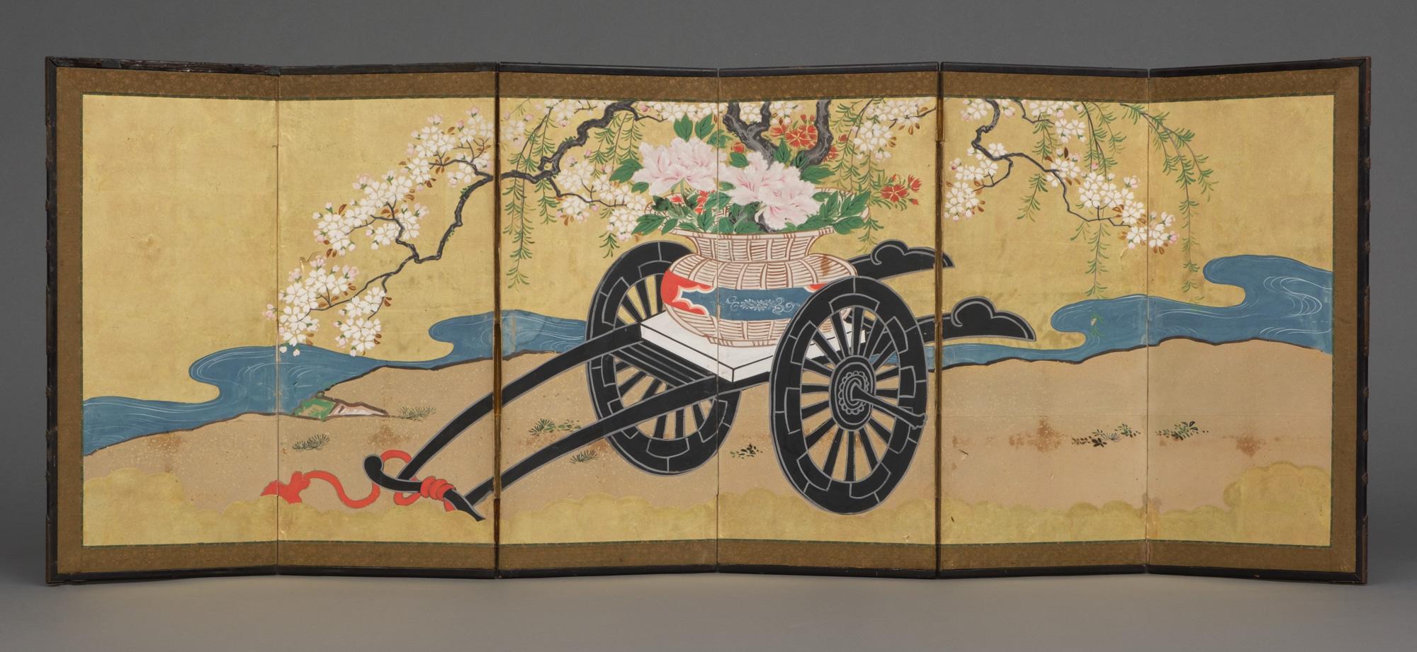 Pair of Japanese hinagata byôbu 雛形屏風 (small folding screens) with flower carts For Sale 5