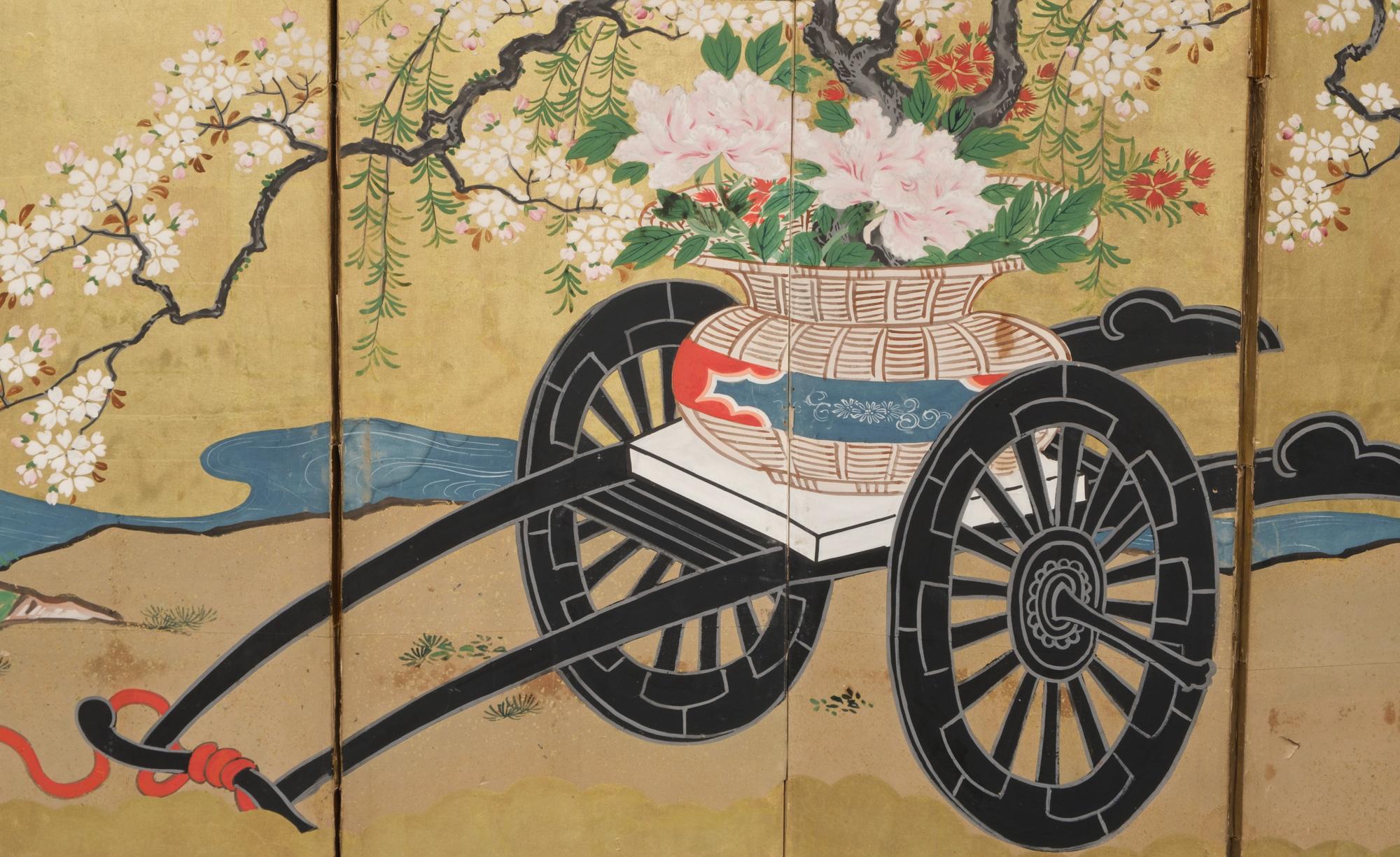 Pair of Japanese hinagata byôbu 雛形屏風 (small folding screens) with flower carts For Sale 6