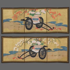 Pair of Japanese hinagata byôbu 雛形屏風 (small folding screens) with flower carts