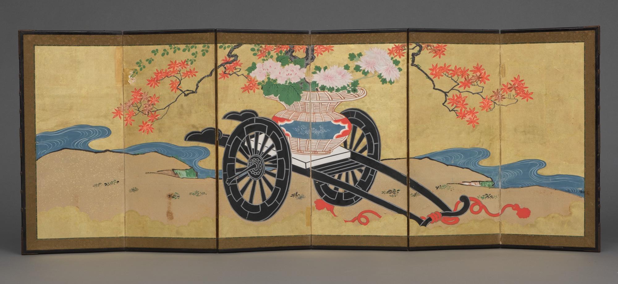 Hand-Painted Pair of Japanese hinagata byôbu 雛形屏風 (small folding screens) with flower carts For Sale