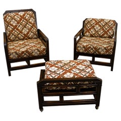 Pair of His and Hers Chairs and Ottoman by Ficks Reed Vintage Mid-Century Modern