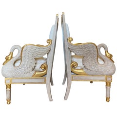 Pair of His and Hers Empire Style Painted Swan-Form Armchairs
