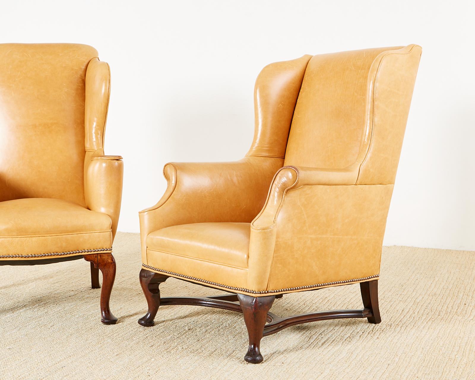 Pair of His and Hers Queen Anne Style Leather Wingbacks 2