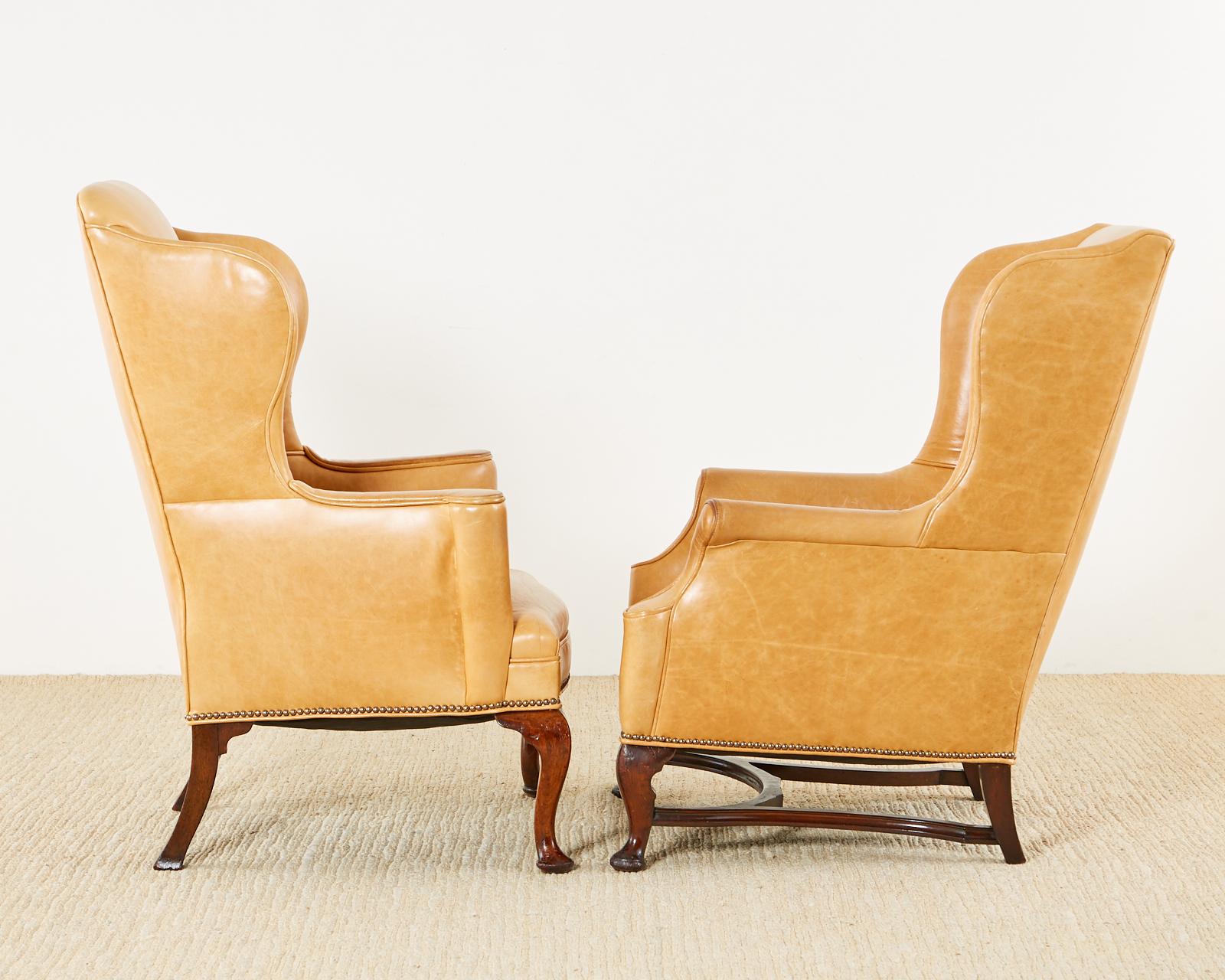 Pair of His and Hers Queen Anne Style Leather Wingbacks 4