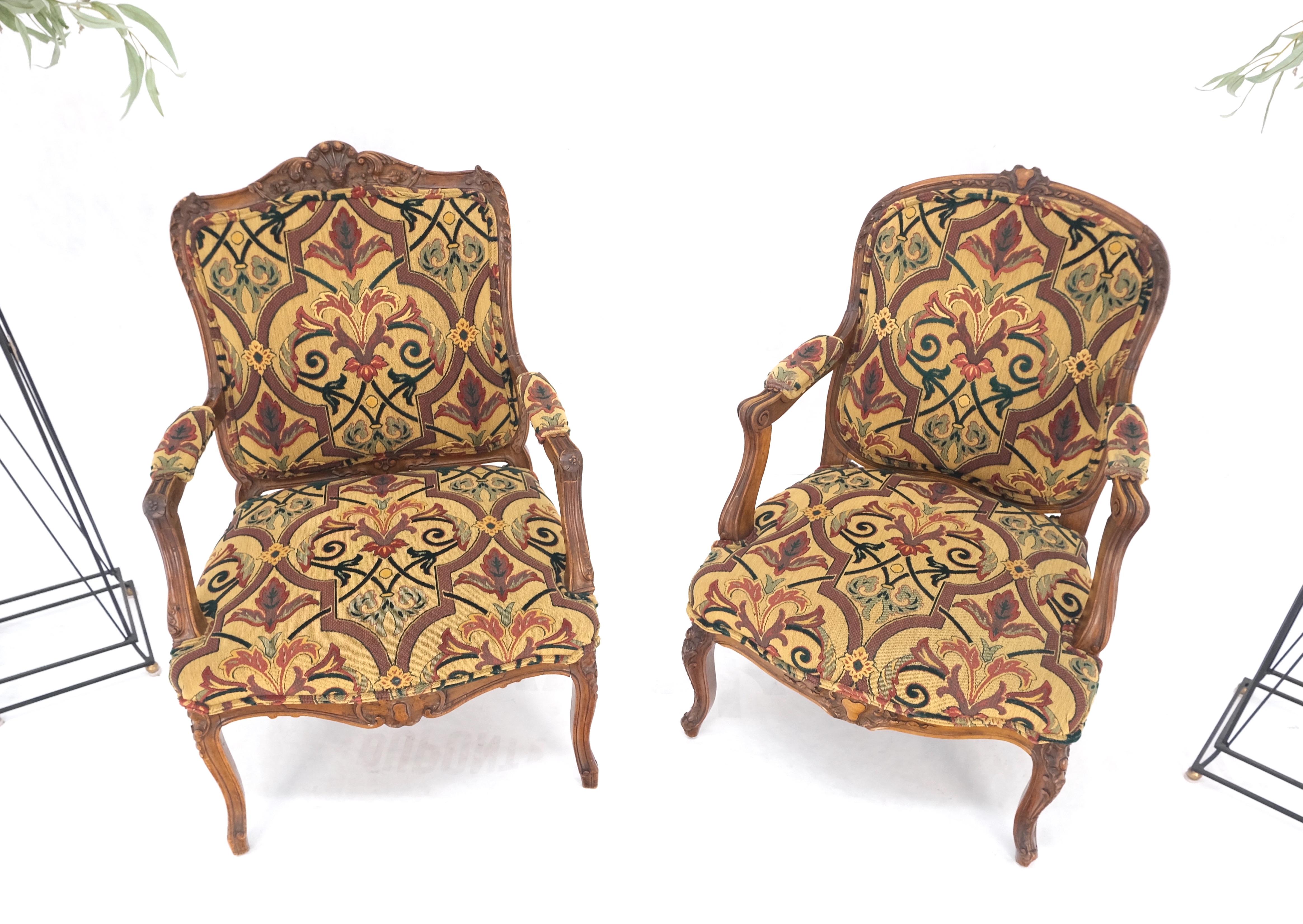 Pair of His & Hers Finely Carved Walnut Country French Lounge Armchairs Tapestry For Sale 2