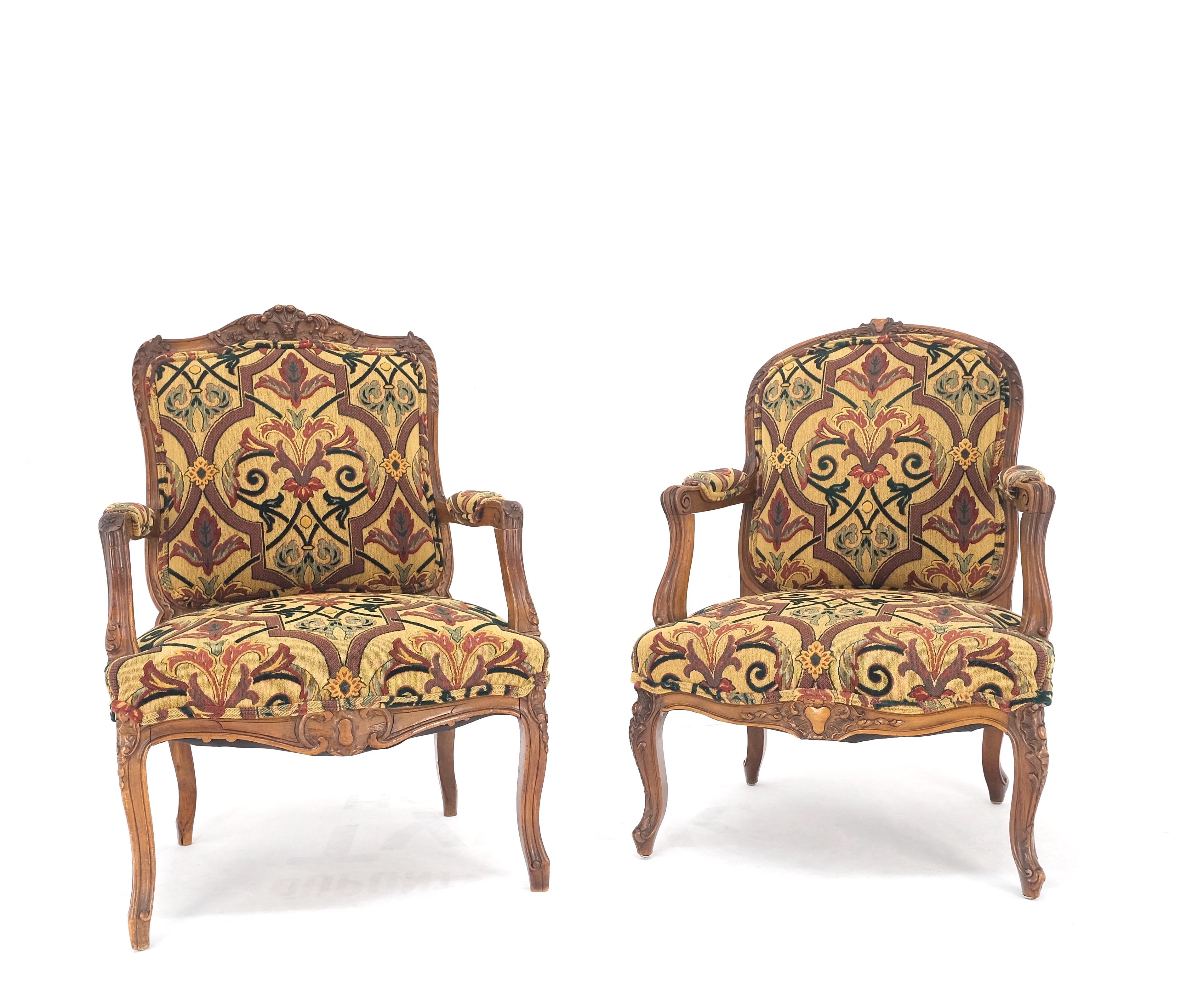 Pair of His & Hers Finely Carved Walnut Country French Lounge Armchairs Tapestry For Sale 4