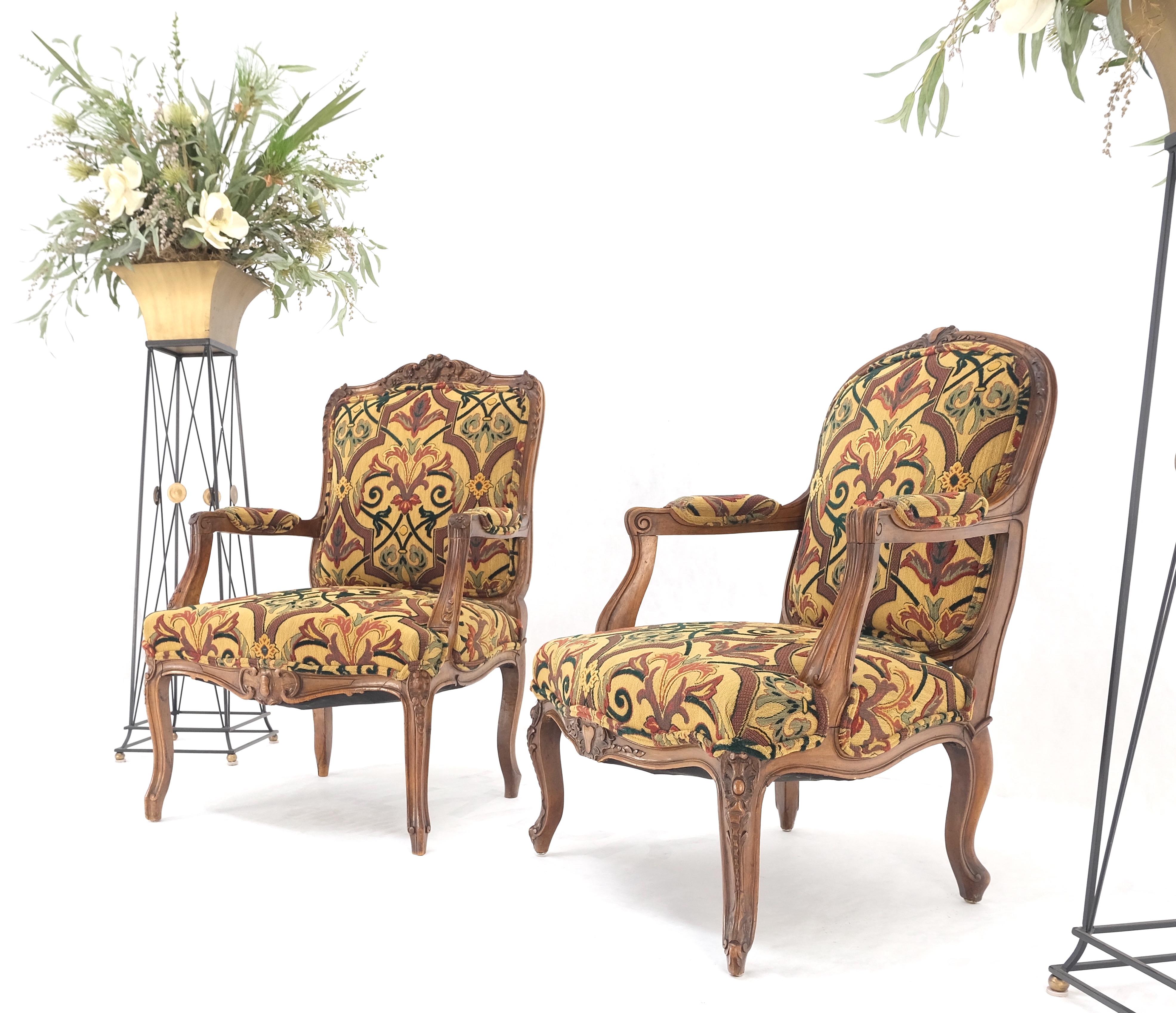 Pair of His & Hers Finely Carved Walnut Country French Lounge Armchairs Tapestry For Sale 5