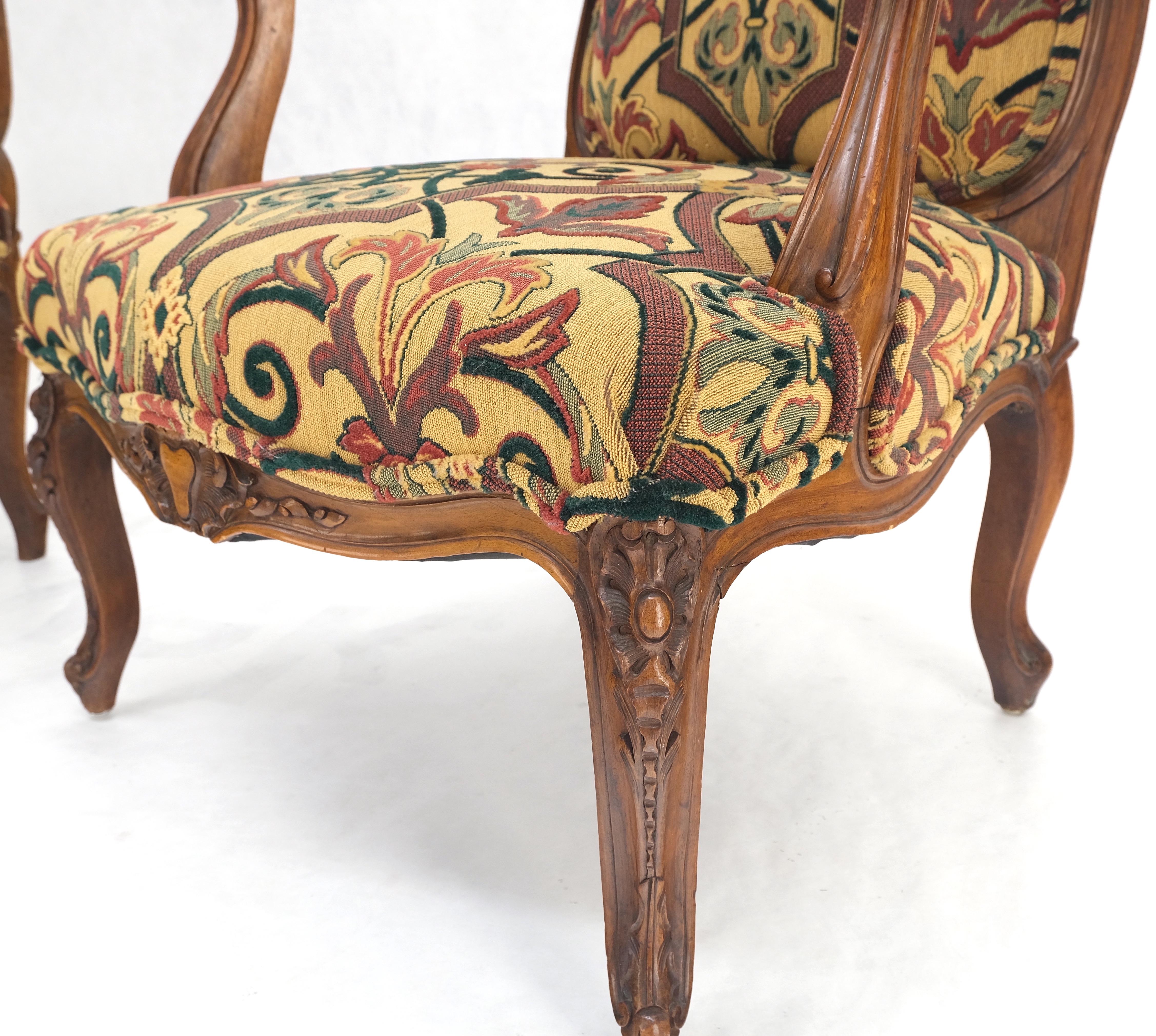 Pair of His & Hers Finely Carved Walnut Country French Lounge Armchairs Tapestry For Sale 6