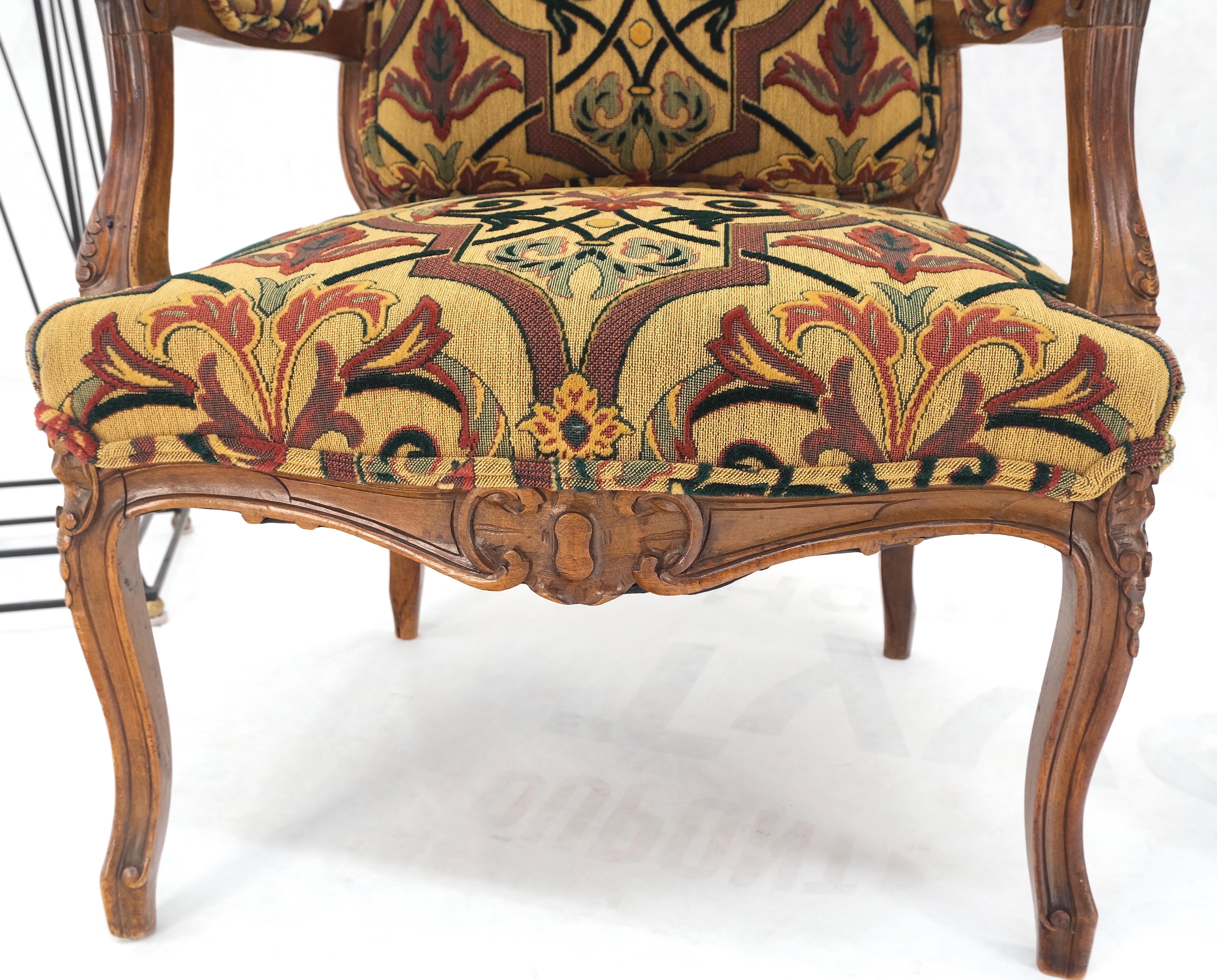 Pair of His & Hers Finely Carved Walnut Country French Lounge Armchairs Tapestry For Sale 7